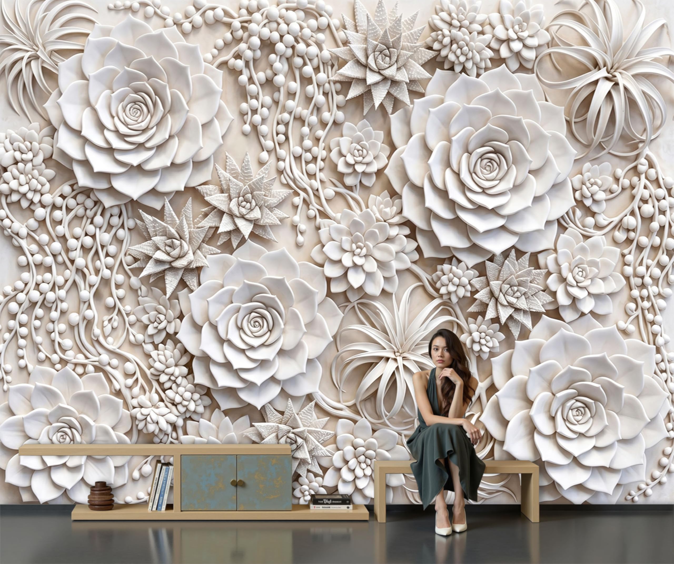 Papier peint 3D plantes succulentes crème pour décoration murale chambre et salon 350cm