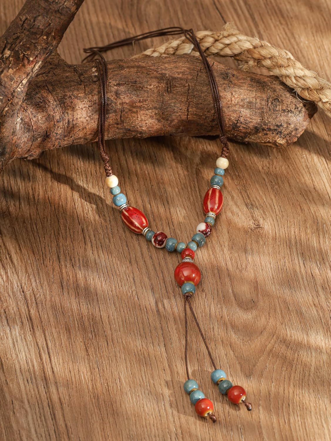 MINACHI Vintage Bohemian Ethnic Colorful Ceramic Bead Long Y Necklace, Hippie Boho Summer Fashion Jewelry Gift for Women - Image 3