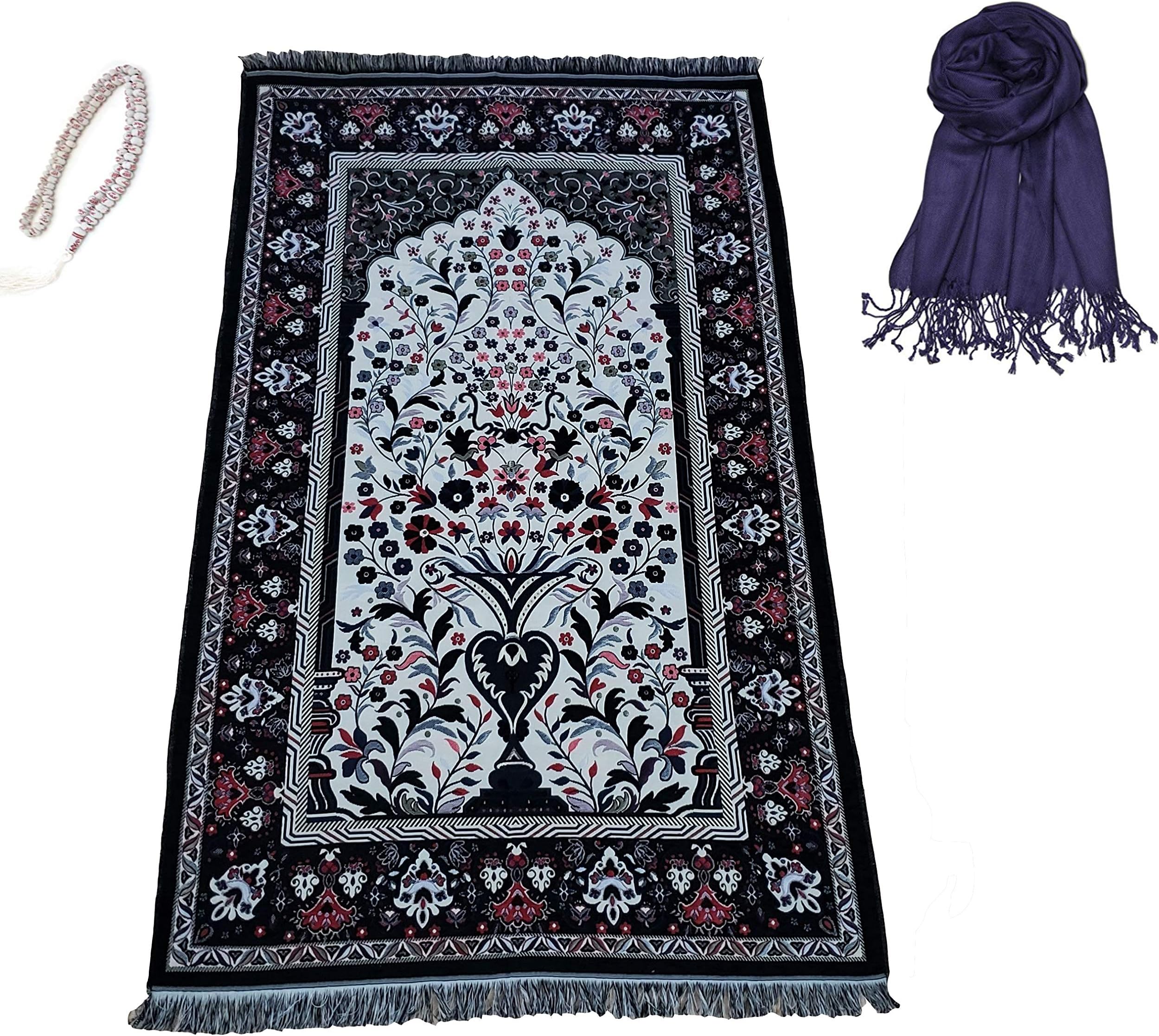 GURJHONS Turkish Prayer Rug with Pashmina Shawl Wrap Scarf and 99 Beads Muhammad Allah TASBIH, Zikir, Haj, Tasbeeh, Subha, Misbaha Beads (HALE) (Black)