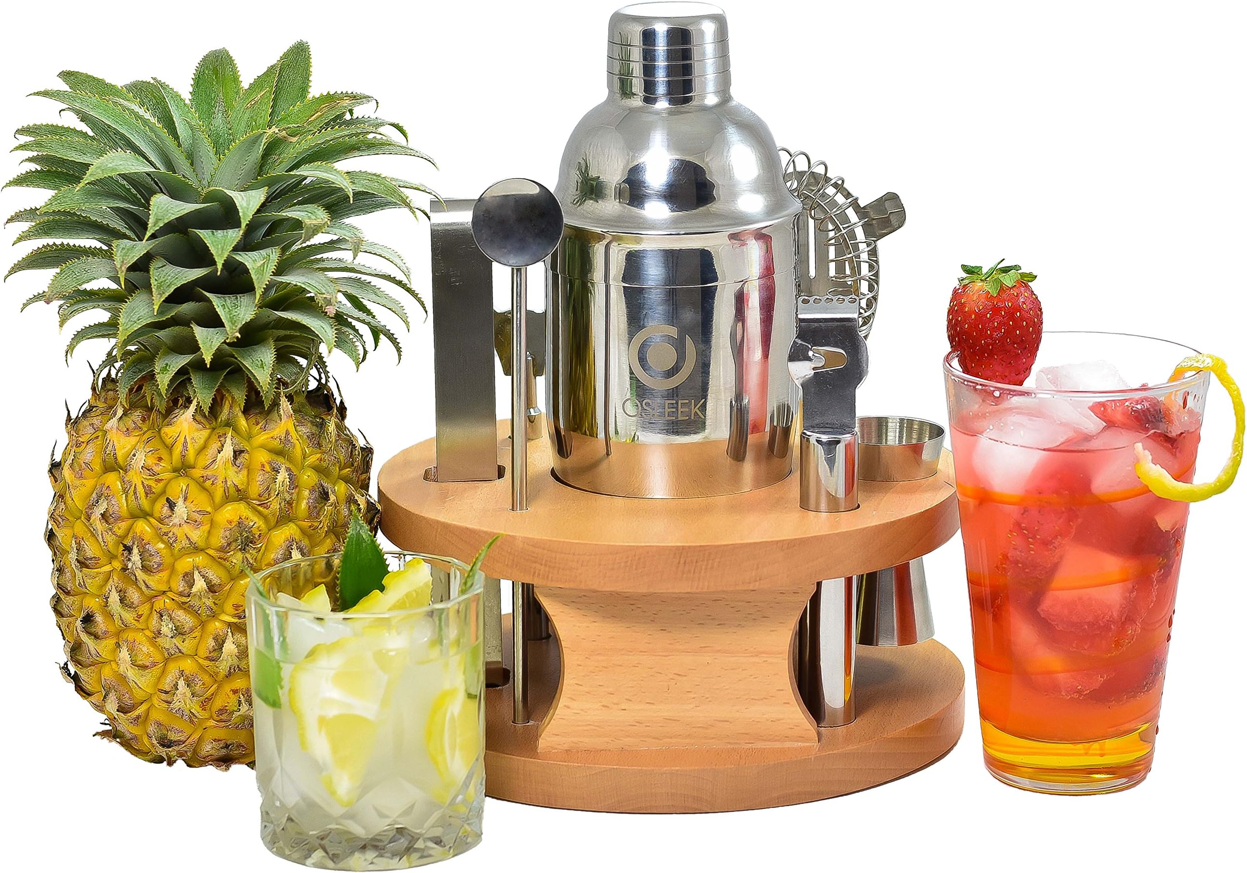 Cocktail Shaker 8 Piece Set - Complete Bartender Tool Kit | 24oz Stainless Steel Martini Mixer, Strainer, Jigger, Spoon, Twister, Zester, Grater, Tong, Bottle Opener, Wood Display Stand, Recipe Book