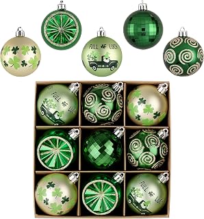 Valery Madelyn St Patricks Day Decorations Shamrock Tree Ornament Set, 9pcs 2.36inch Hanging Ball Ornament Irish Festival Decor, Good Luck Clover Green Gold Christmas Ball for Party Home Spring