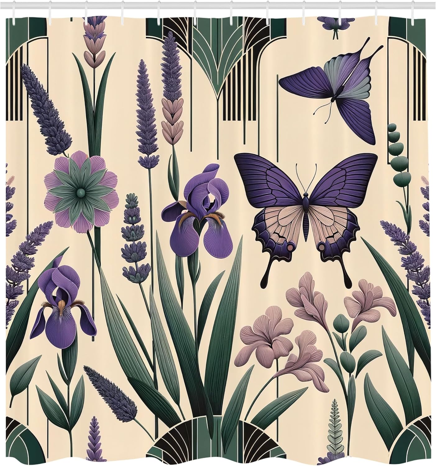 Ambesonne Lavender Shower Curtain, Mid Century Modern Inspire Witchy Butterfly and Leaves on Creamy Back, Cloth Fabric Bathroom Decor Set with Hooks, 69" W x 84" L, Peach Dark Purple Green