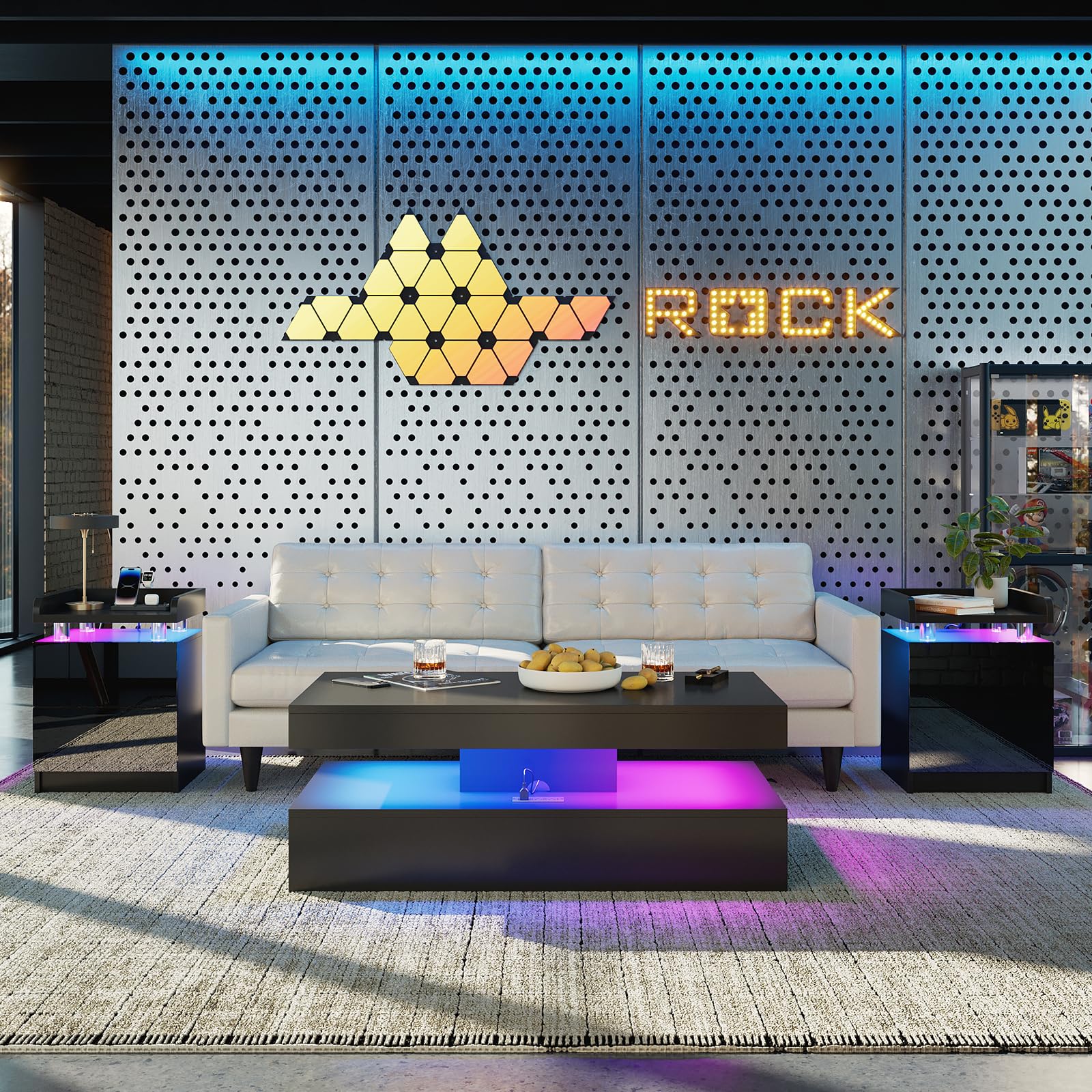 Nordivale 3-Piece Black Living Room Set: Modern Coffee Table with LED Lights, 2 Drawers & Charging Station and 2 End Tables with RGB LED Lights & 2 Drawers Each - for Home Office