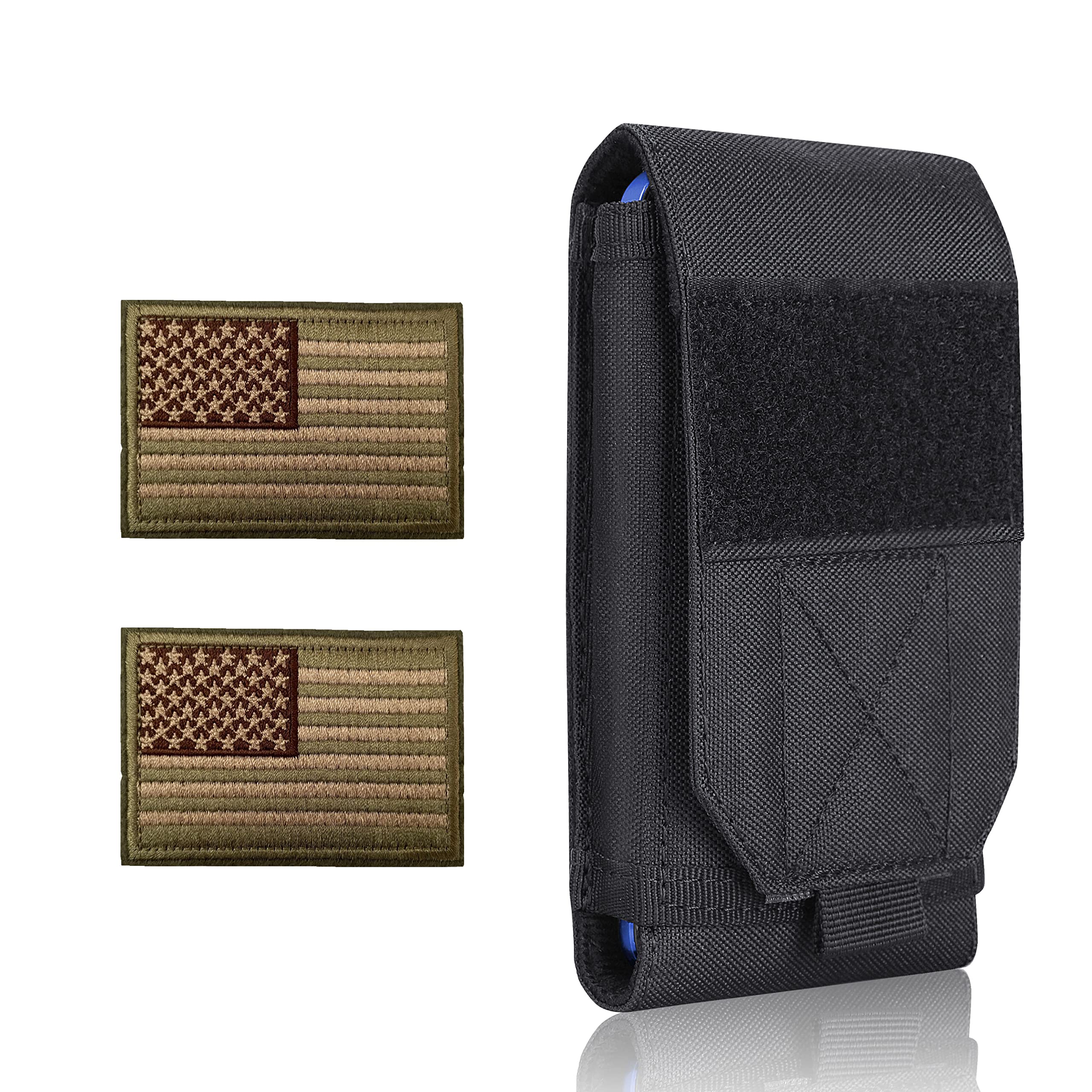 Black Tactical Molle Cellphone Pouch Case,Heavy Duty Waterproof Phone Holster Bag for iPhone 11 12 13 Pro Max for Samsung S22 S21 S20 FE Note 20 A02S Less 6.7" Phone with 2 Pack US Flag Patch