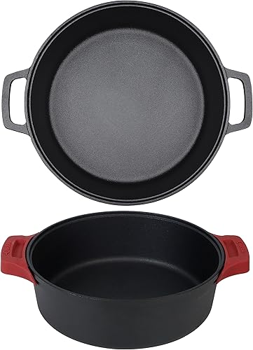 Sartén de hierro fundido (sartén extra profunda) Sartenes de doble asa de 12 pulgadas + fundas de soporte de mango de silicona Utensilios de