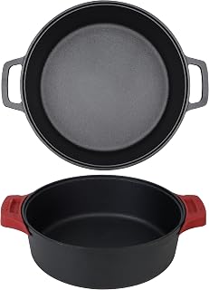 Cast Iron Skillet (EXTRA DEEP) - 12"-Inch Dual Loop Handle Frying Pans + Silicone Handle Holder Covers - Oven Safe Cookware - Indoor/Outdoor Use - Use on any Stovetop, Grill, Induction Safe