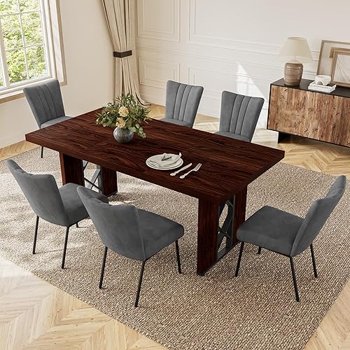 Miniatura 12 de Juego de mesa de comedor de 7 piezas para 6-8 personas, mesa de cocina MDF de 70.8 pulgadas con 6 sillas tapizadas, ahorro de espacio para comedor,
