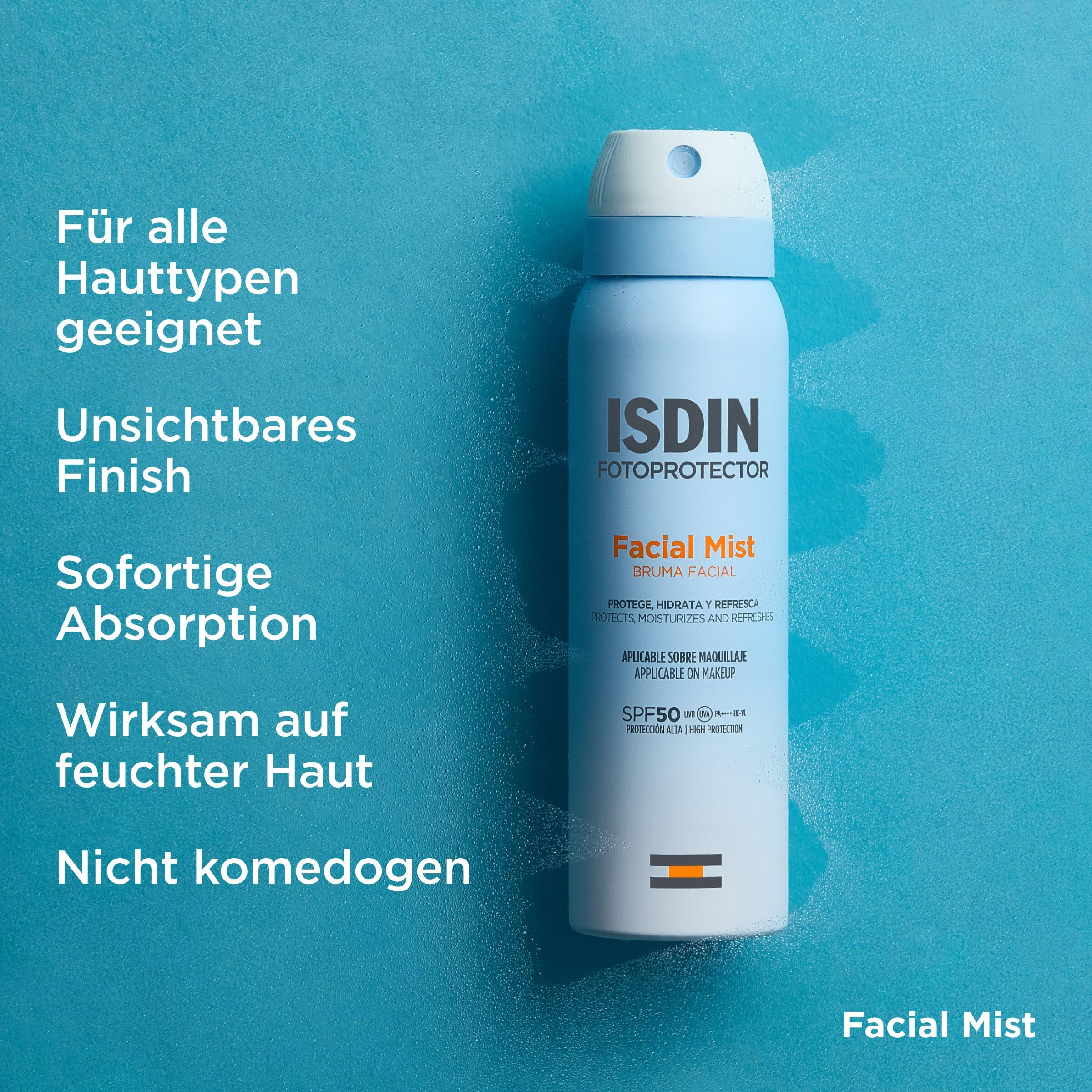 ISDIN Facial Mist SPF 50 (100 ml) | Ultradünner und unsichtbarer Sonnennebel für Gesicht | schützt, befeuchtet und fixiert das Make-up | Strahlender Haut-Effekt | wasserabweisend | geeignet für