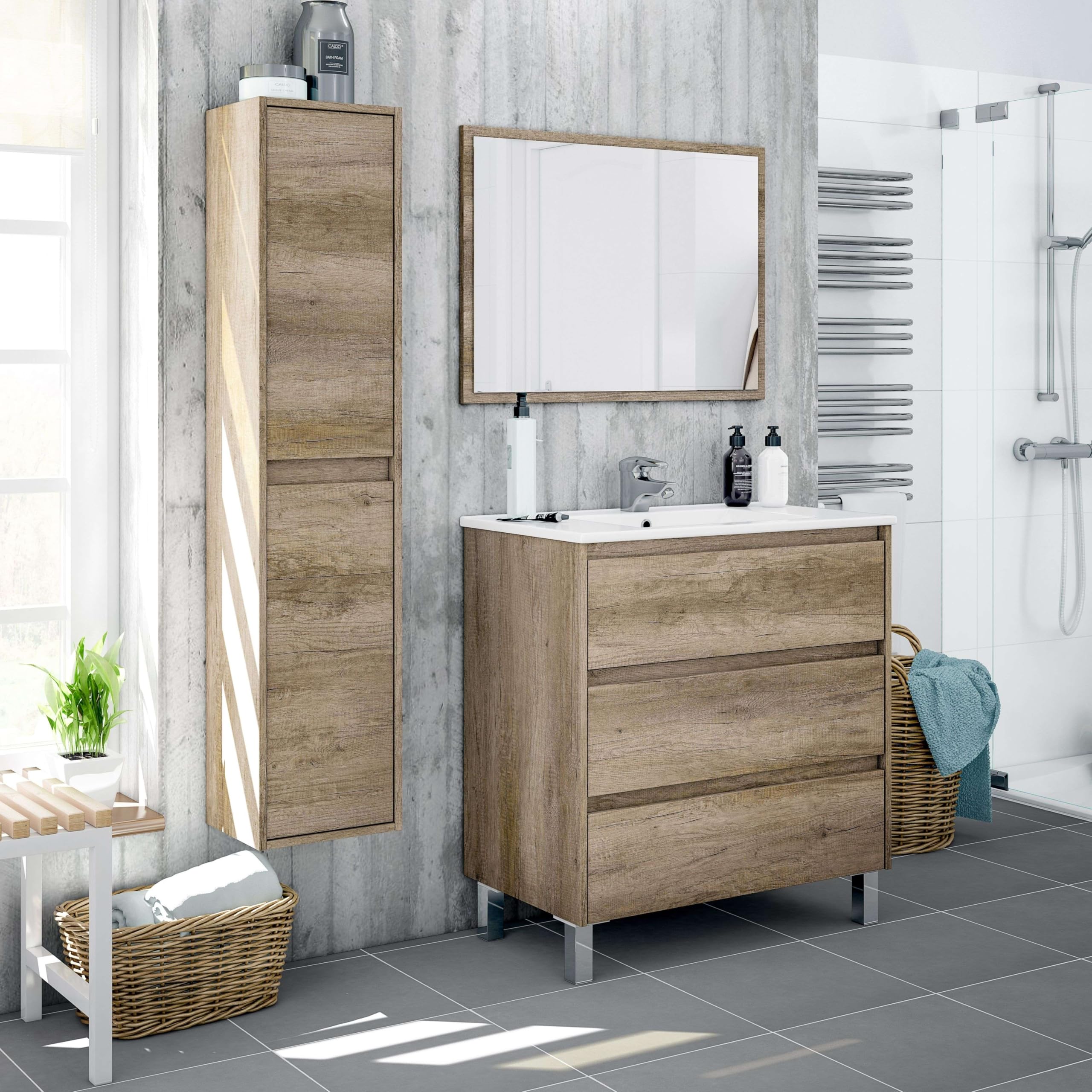 ARKITMOBEL Columna de Baño Suspendida 2 Puertas, 140x30x25,5 (AltoxAnchoxFondo-en cm), Color Nordik, Mueble de Baño, Modelo Dakota