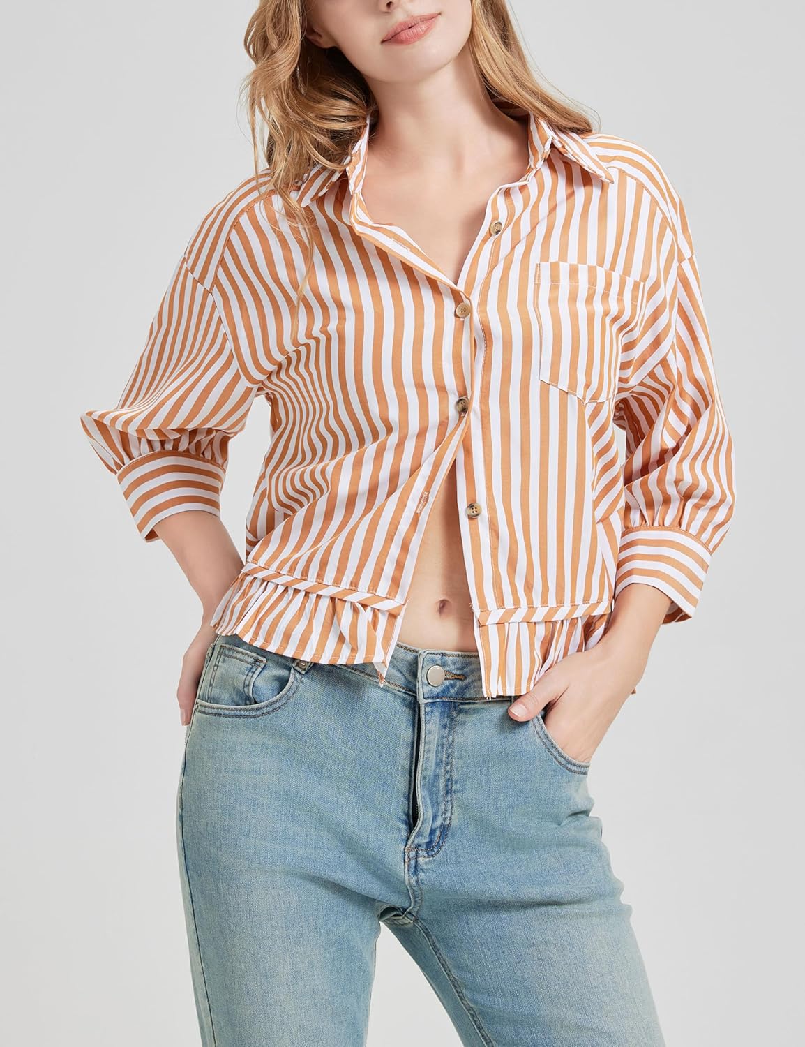 Womens Casual Oversized Striped Button Down Shirt 3/4 Sleeve Cropped Peplum Ruffled Hem Babydoll Blouse Tops - Image 5