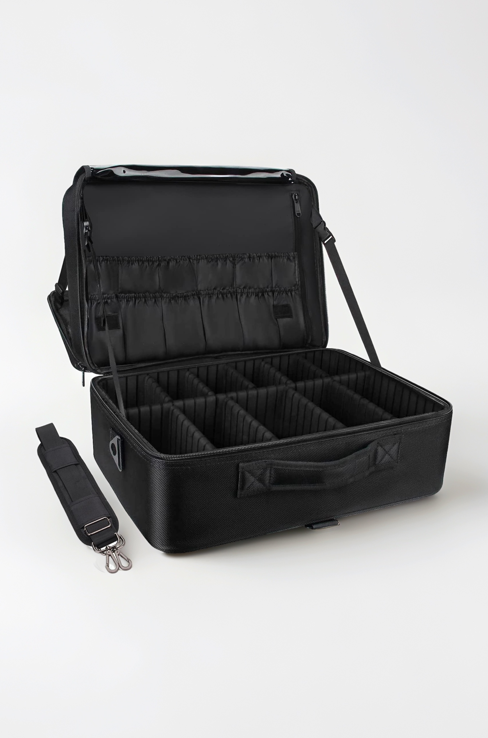 Extra Large Makeup Case Travel Makeup Train Case Professional Makeup Artist Bag Portable Nail Organizer Box Art Supply Case with Adjustable DividersAttach to TrolleyShoulder Strap (Black).