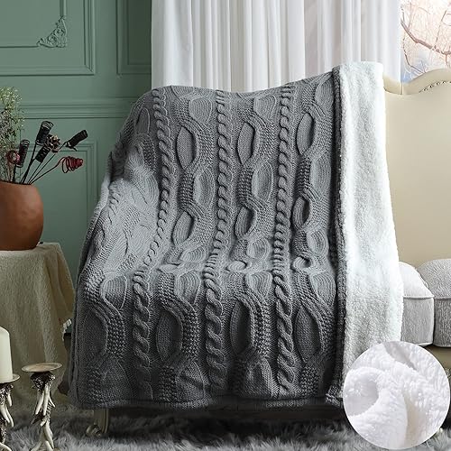 Amélie Home Manta reversible de punto trenzado sherpa, suave, acogedora y cálida, para sofá, cama, sala de estar, gris, 50 x 60 pulgadas