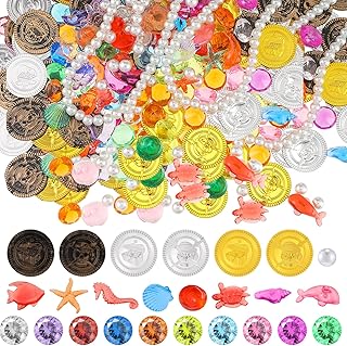 319 Pcs Pirate Treasure Gold Fake Coins Plastic Gems and Jewels Playset Party Decor Treasure for Pirates Themed Adventures Summer Pool Party Coins(Pirate Pattern) - Buy now