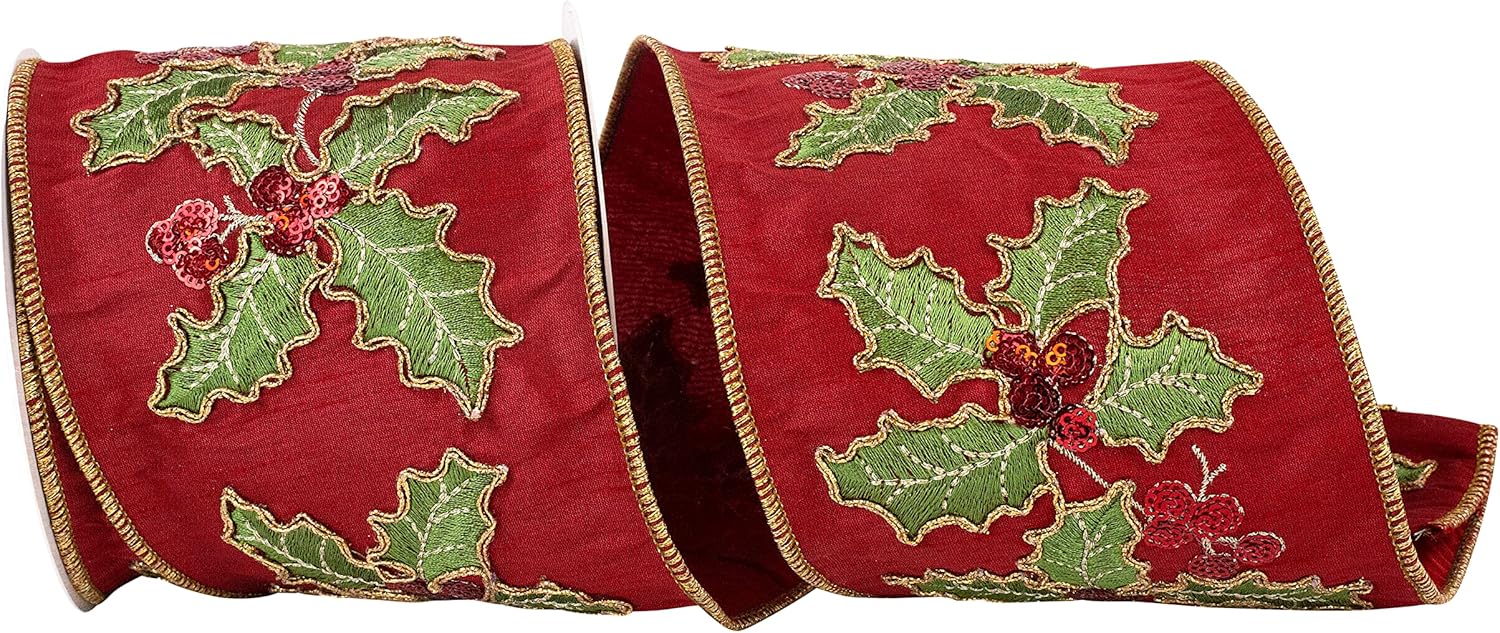 Reliant Ribbon 93886W-201-10D Holly Leaves Sequin Embroidered Dupioni Wired Edge Ribbon, 4 Inch X 5 Yards, Wine