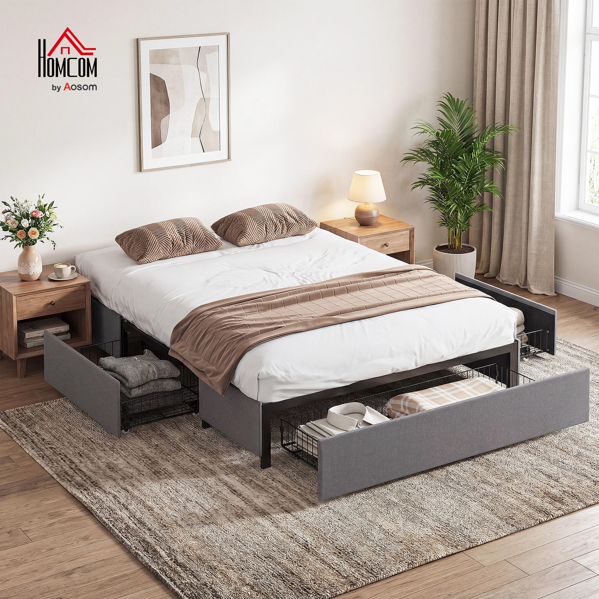 HOMCOM Cama Doble 140x190 cm Estructura de Cama Somier con 3 Cajones y Estructura de Metal Carga 363 kg Gris