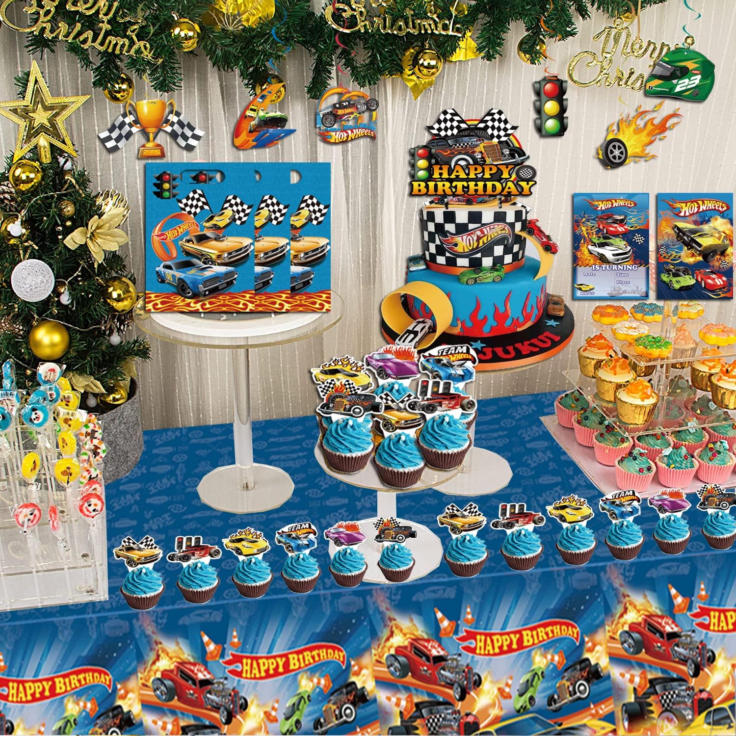 77 Pcs Hot Car Birthday Party Supplies,Included Banner,Hanging Swirls,Tablecloth,Cake Topper,Cupcake Toppers,Gift Bag, Invitation Card,Balloon for Boy and Girl Wheel Party Decorations