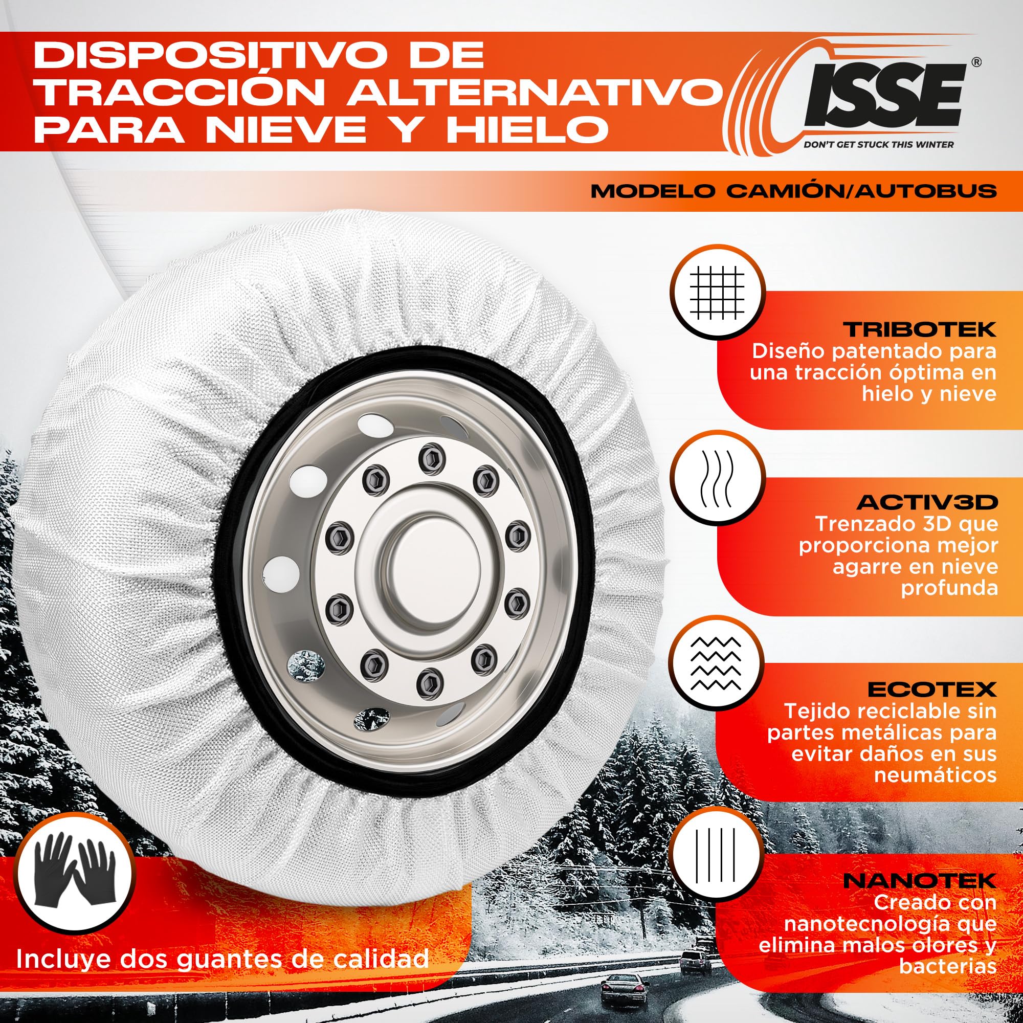 ISSE - Cadenas Camión Nieve |T-110| Homologación EN 16662-1 - Cadenas Nieve Téxtiles Fáciles de Instalar - Cadenas Nieve y Hielo Camión Antideslizantes y Resistentes - Kit de 2 Cadenas + guantes