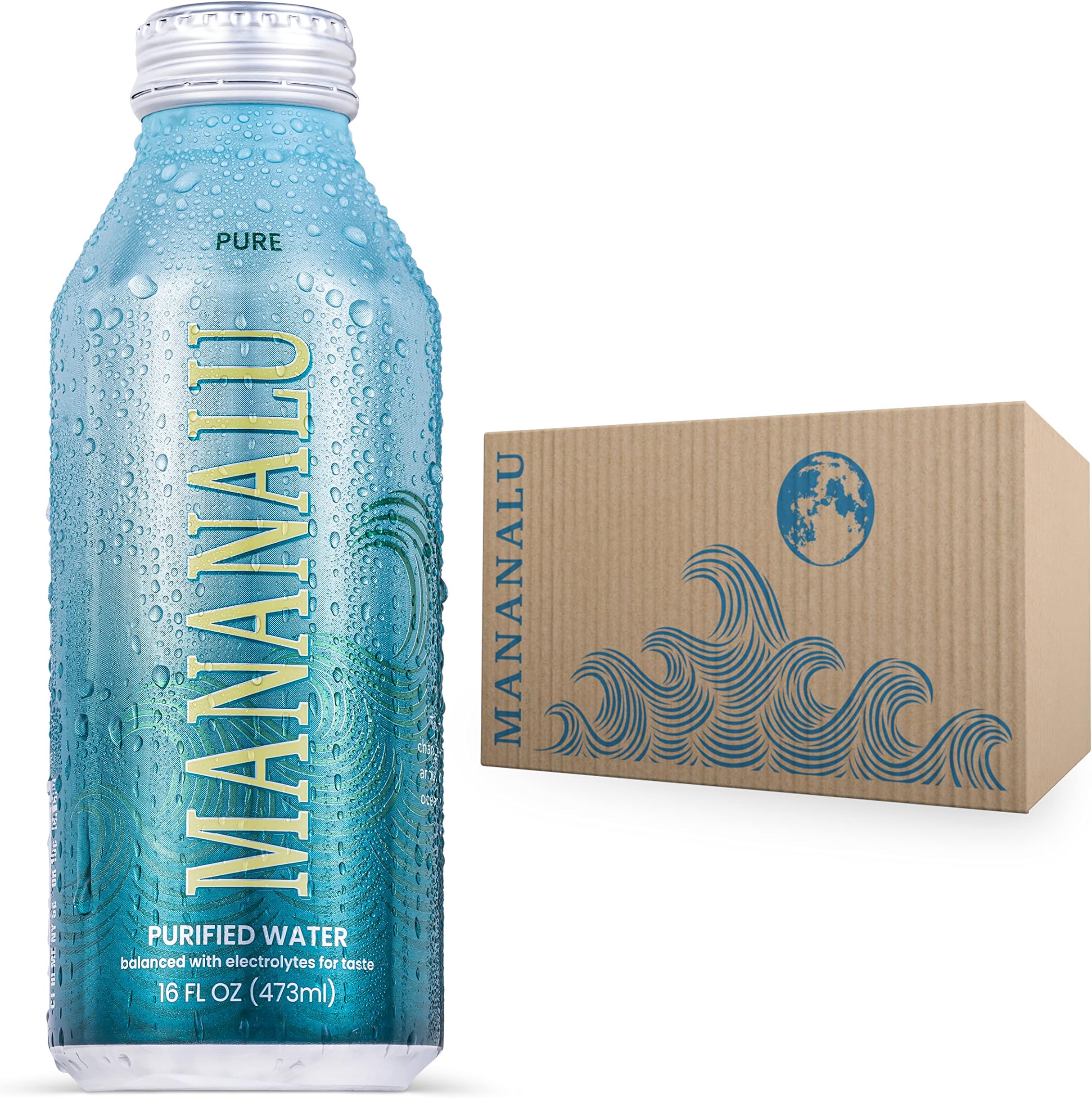 Mananalu Pure Water, Purified Water with Electrolytes in a BPA Free, Eco-Friendly, and Infinitely Recyclable 16 oz. Resealable Aluminum Bottle (12-Pack)