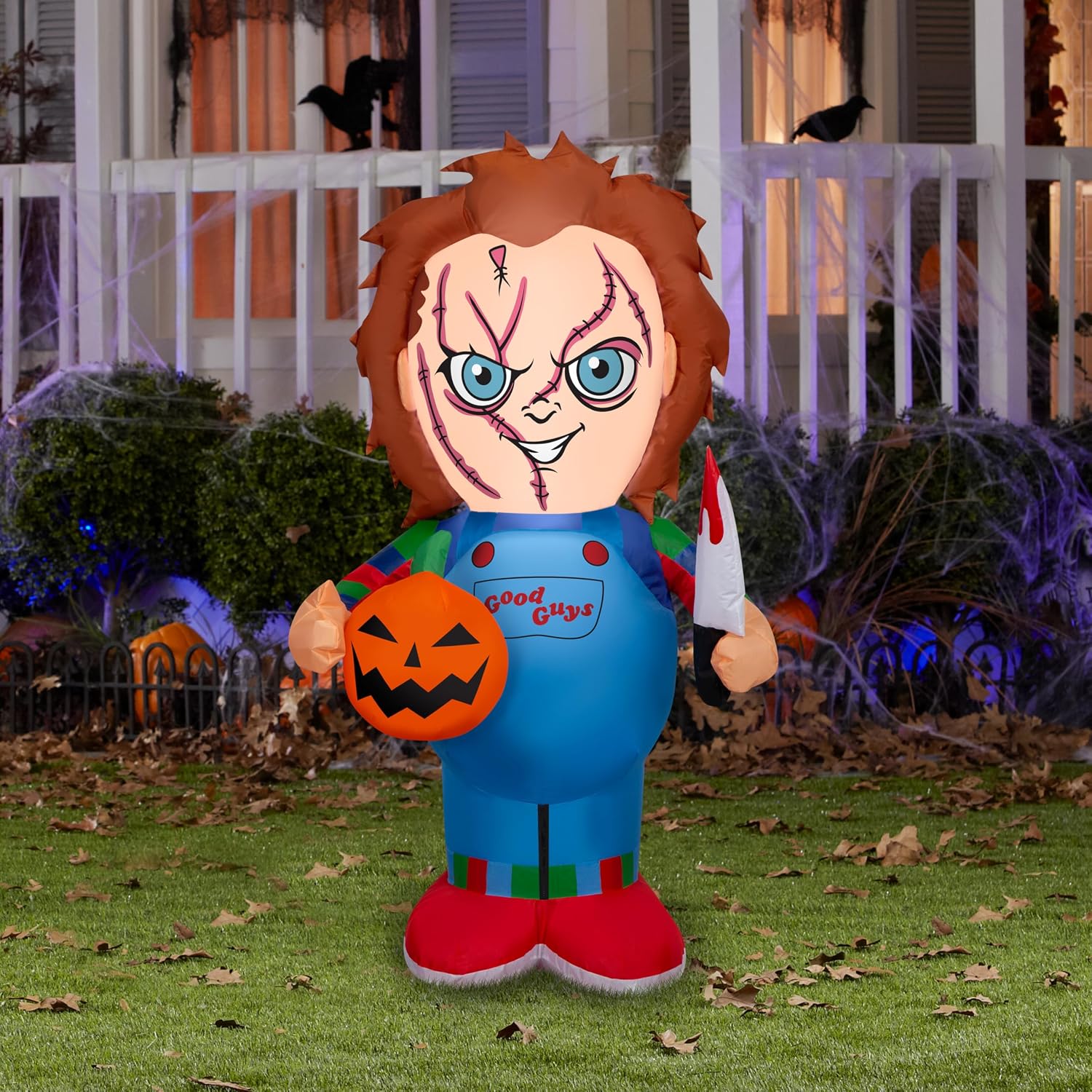 Gemmy Chucky Halloween Inflatable, 3.5 Ft Tall Lighted Stylized Yard Decoration with Jack O'Lantern and Knife, Outdoor Decor with Stakes and Tethers