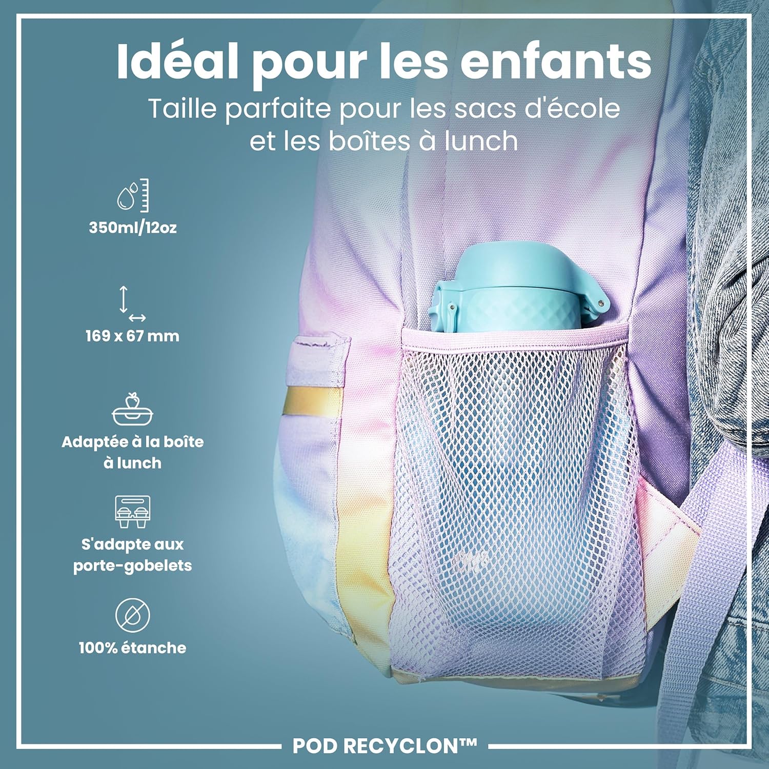 Ion8 Gourde Enfant 350ml Anti-Fuite – Recyclon Carbone Neutre, Sans BPA, One-Touch, Lavable Lave-Vaisselle – Bleu Sonique - Image détaillée