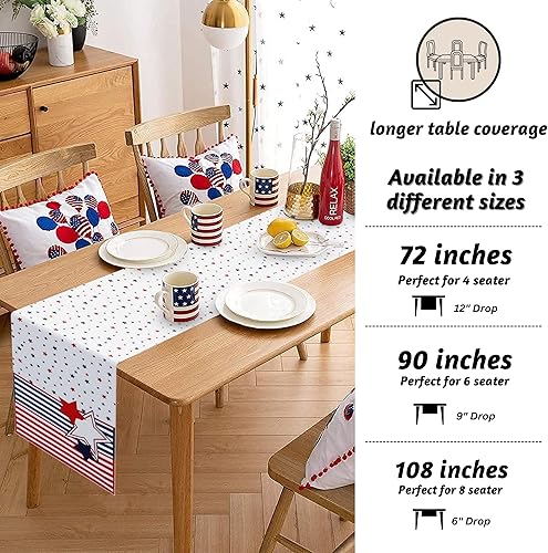 Miniatura 5 de Folkulture Camino de mesa con estrellas y rayas del 4 de julio, 100% algodón, 108 pulgadas de largo para decoración roja, blanca y azul