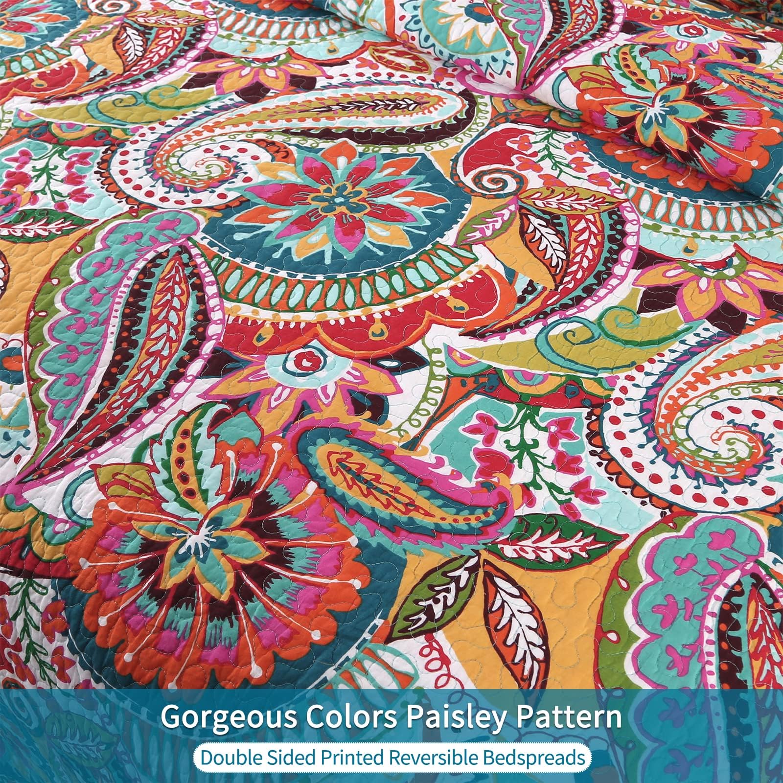 Qucover Copriletto Matrimoniale Estivo in Cotone, Trapuntino Boho 250x270cm, Colorato Copriletti Trapuntato con Due Federe con Motivo Paisley Fantasia