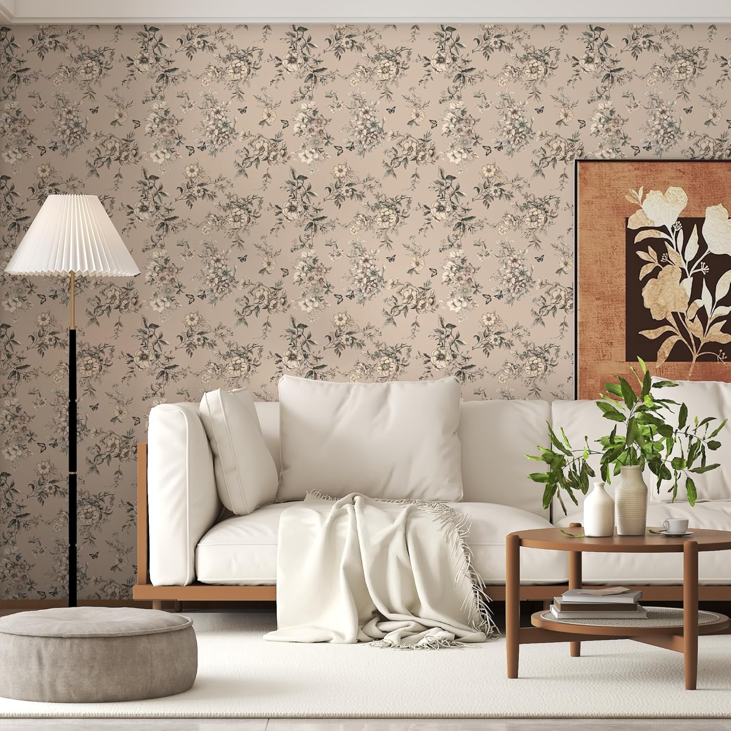 Theper Floral Wallpaper Peel and Stick Wallpaper Boho 17.3"×393" Vintage Floral Contact Paper for Cabinets Removable Self Adhesive Wall Paper for Bedroom Butterfly Flower Mural Decor Vinyl Roll