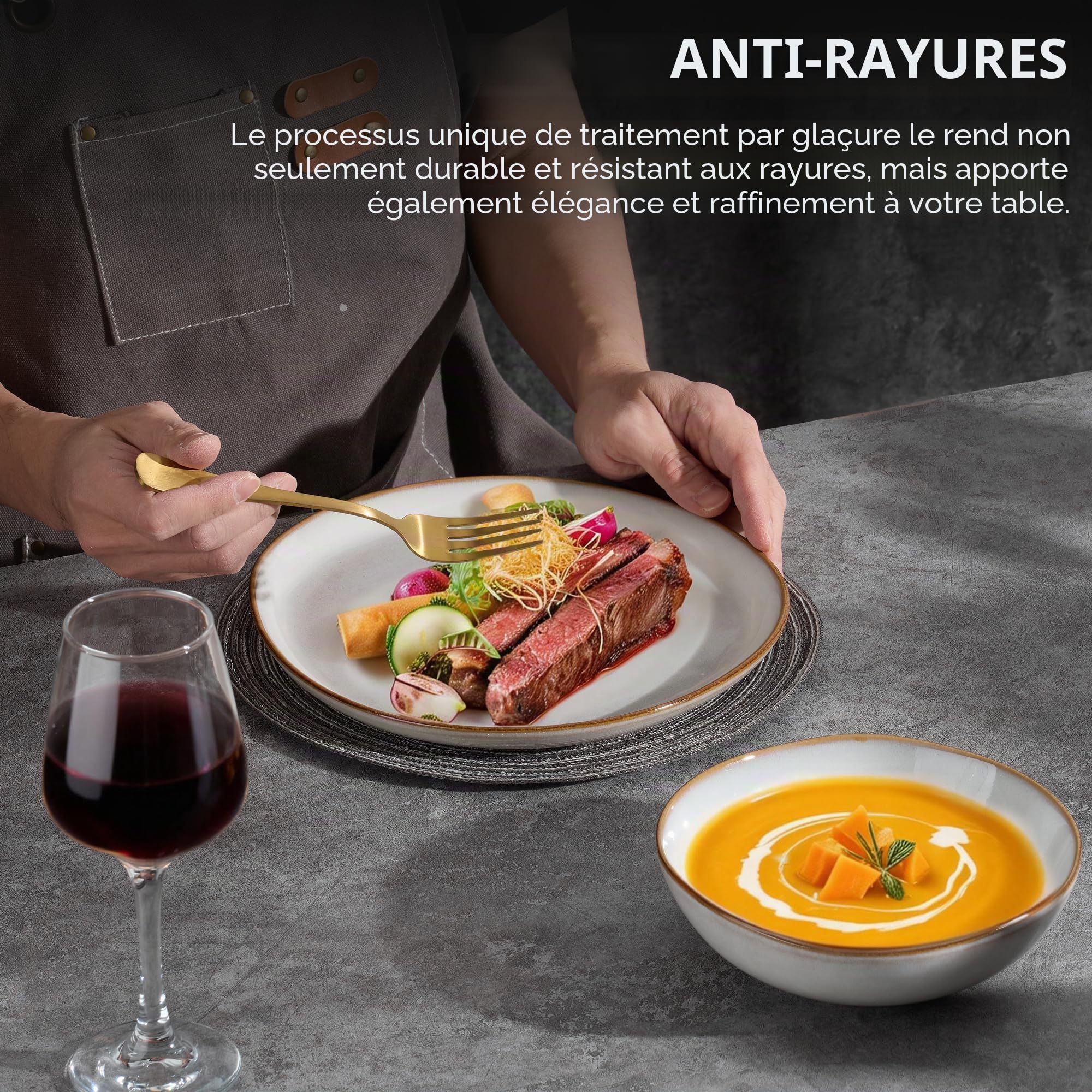 Joyfair Service de table, 18 pièces en grès - Service de vaisselle pour 6 personnes - Assiettes et bols en grès à émail réactif de forme irrégulière, résistants aux égratignures et aux rayures