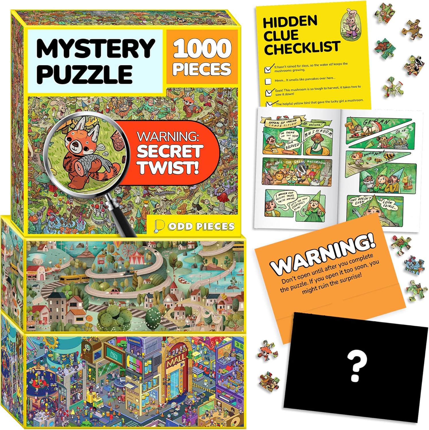 Odd Pieces Jigsaw Puzzles 1000 Pieces with Storytelling Comics, for Women, White Elephant, Mystery Puzzle for Adults & Kids - 19.7'' x 27.6'' Frameable Magic Puzzle Art (Series 4)