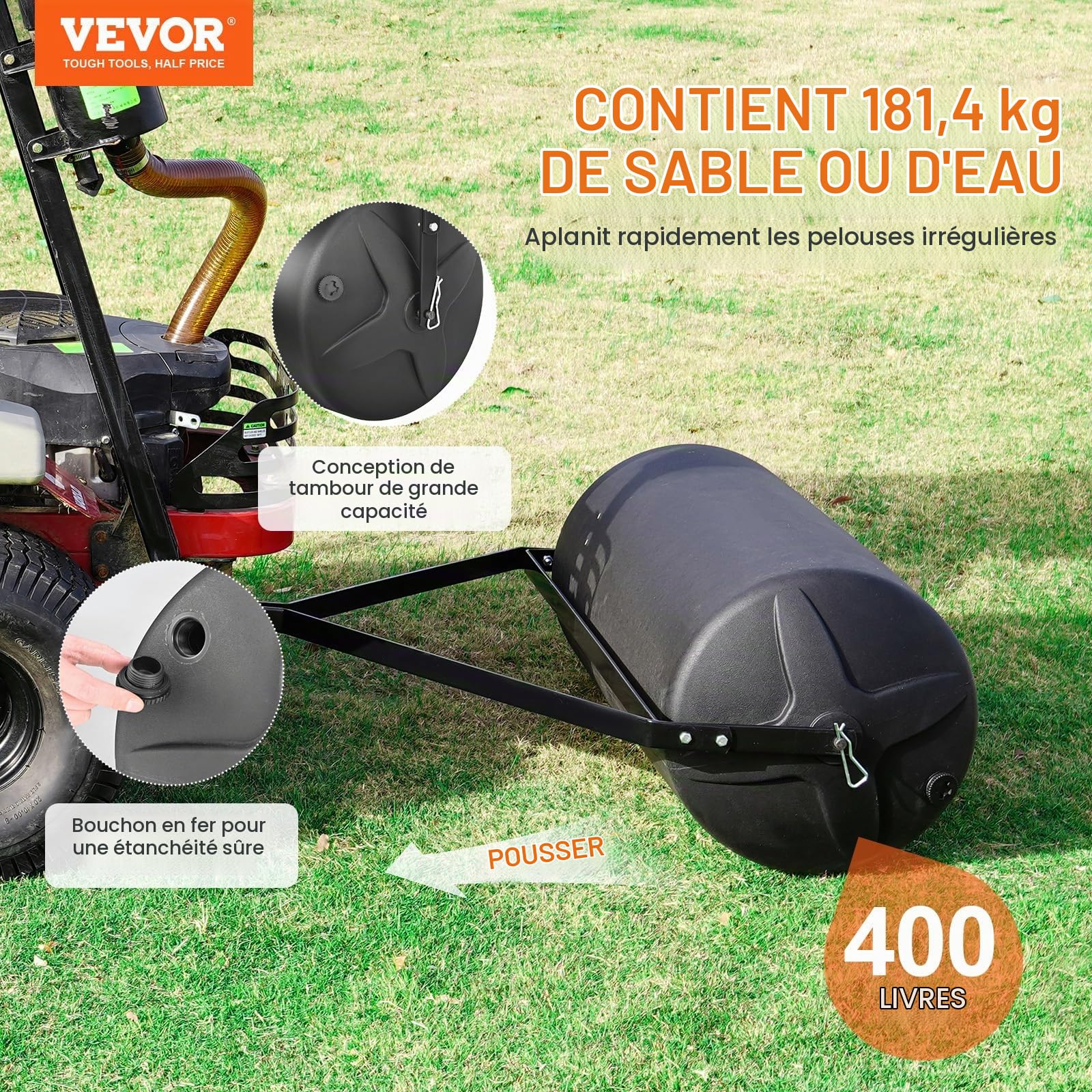 VEVOR Rouleau à Gazon 400 lb 181 L Rouleau de Jardin Rempli de Sable/Eau Rouleau à Pelouse PEBDL Cadre Acier avec Bouchon Facile à Tourner de Remorquage Derrière Tracteur VTT pour Pelouse Jardin Ferme