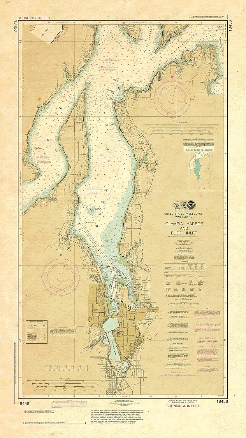 Paradise Cay Publications, Inc. Antiqued NOAA Chart 18456: Olympia Harbor and Budd Inlet