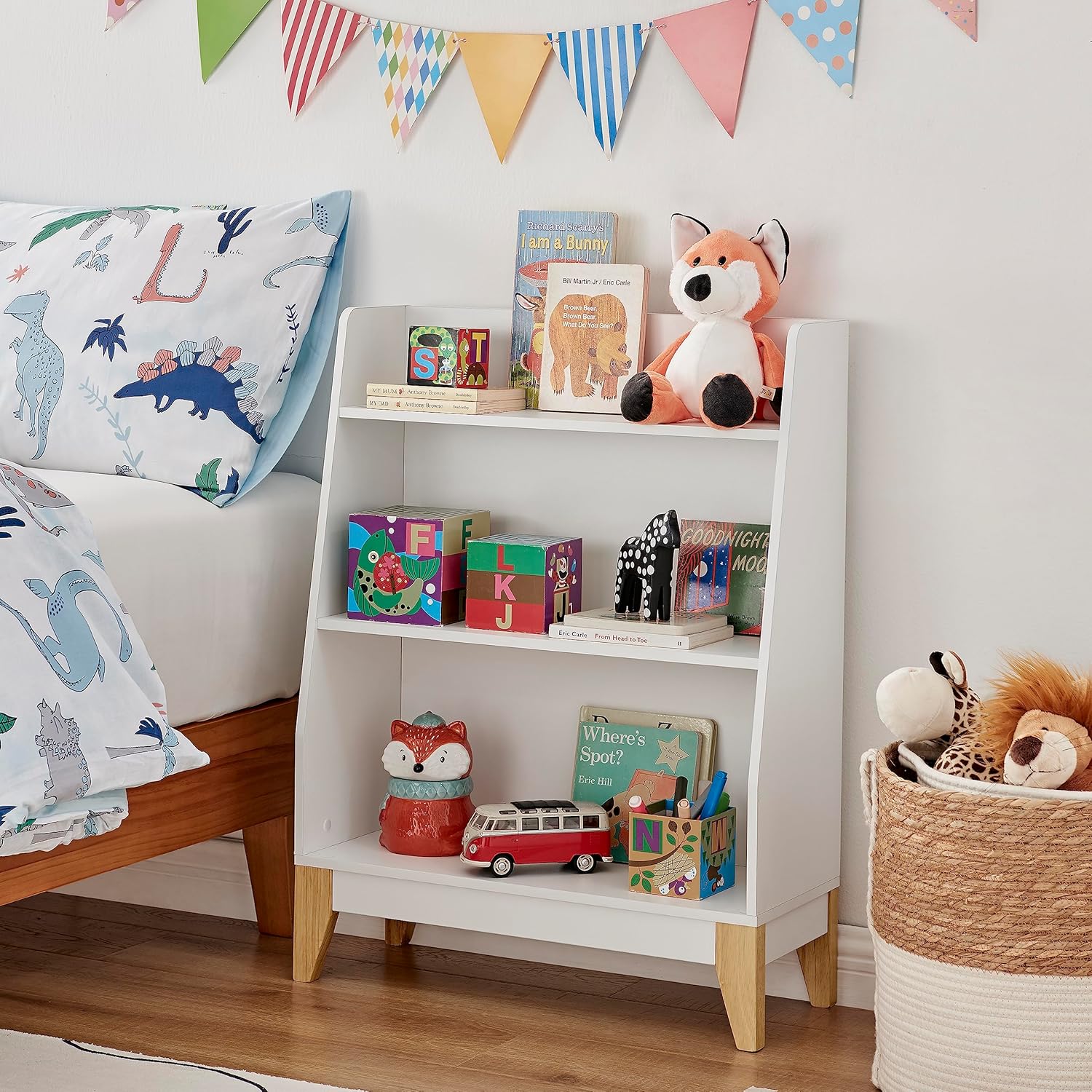 Danya B. Steiner White 3-Tier Kids Book or Toy Figure Display Unit Freestanding Bookshelf with Contrasting Wood-Toned Legs