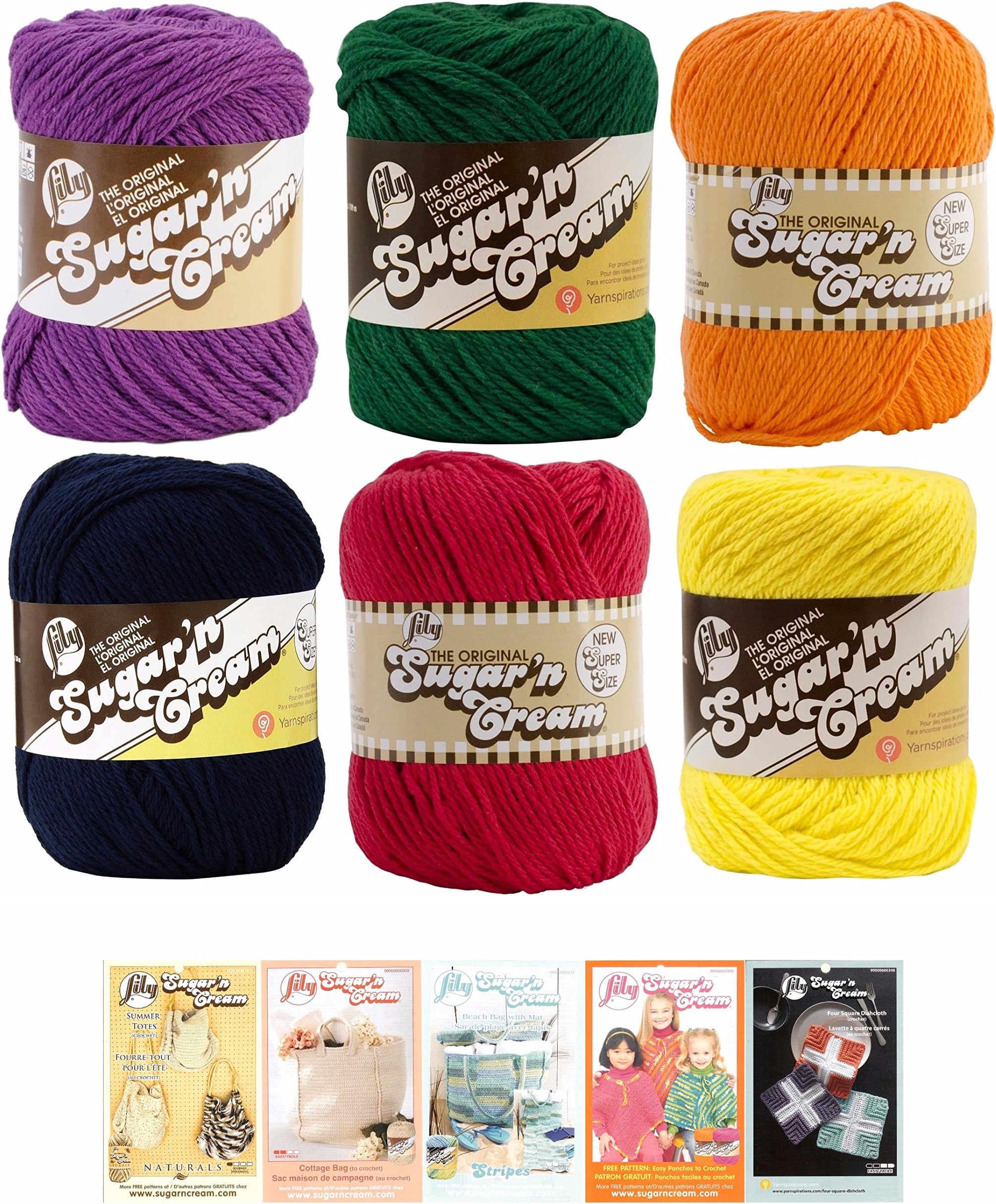 Lily Sugar n' Cream Variety Assortment 6 Pack Bundle 100% Cotton Medium 4 Worsted with 5 Patterns multicolored Lily Asst