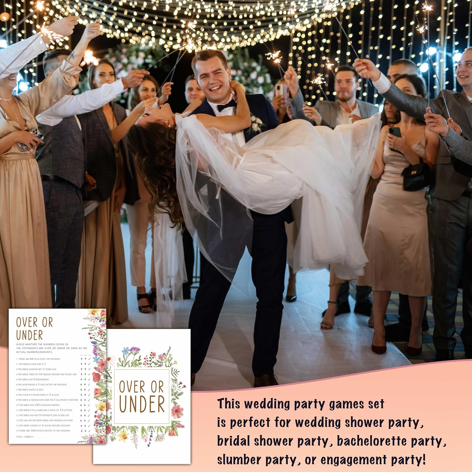 Wildflowers Wedding Shower Games, Over Or Under Bridal Shower Games Cards, Spring Flowers Wedding Bachelorette Party Game Ideas, Engagement Party Supplies & Activity, Set of 30 Cards -A02