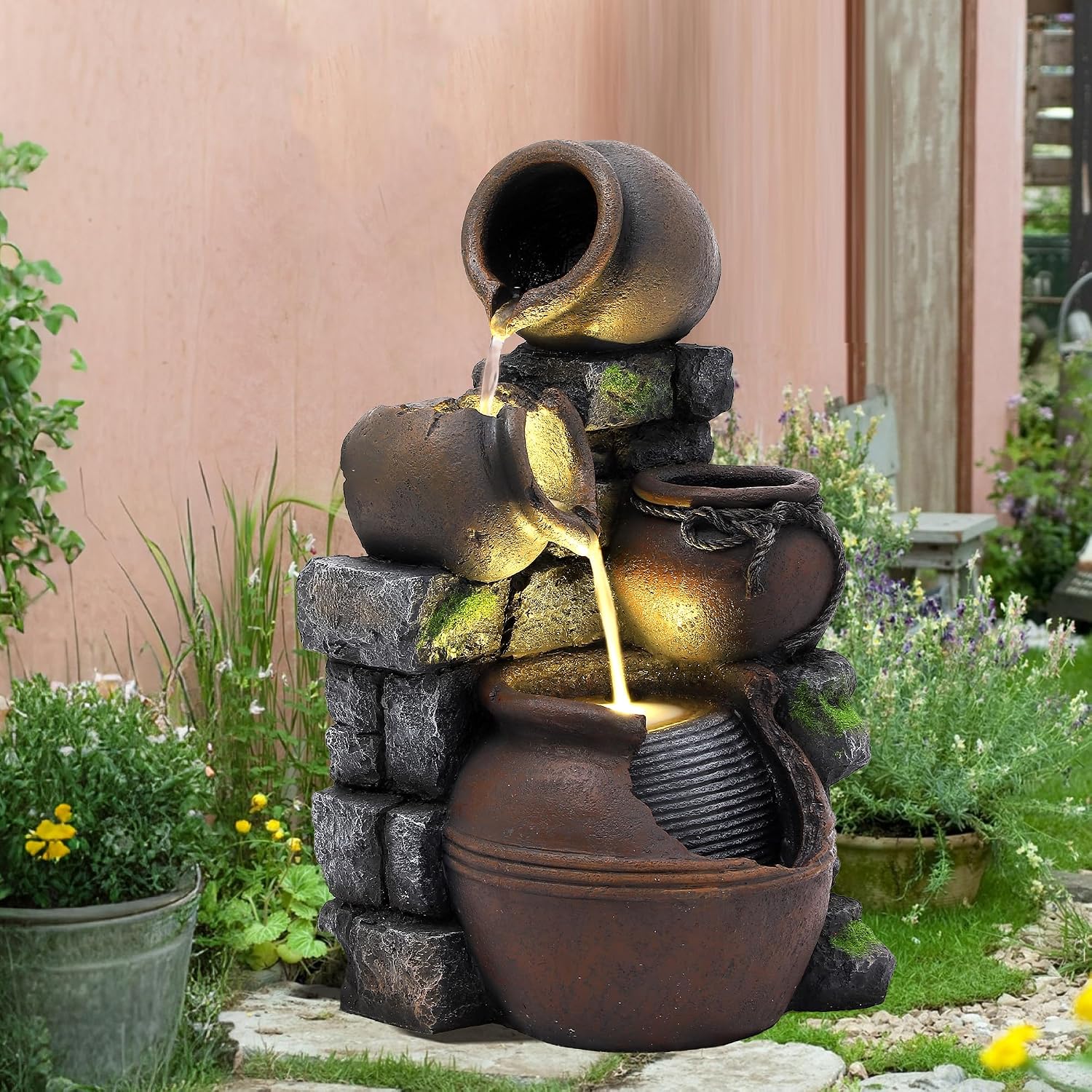 23.7" H Outdoor/Indoor Water Fountain with LED Lights and Pump, 4-Tiers Cascading Pitchers and Stacked Stones Garden Fountains Waterfall, Freestanding Resin Fountain for Patio, Garden, Porch