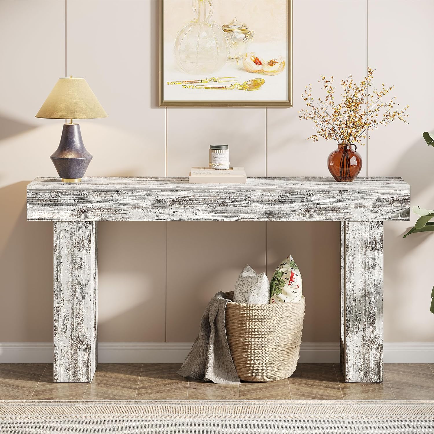 Tribesigns 63-Inch Long Console Table, Wooden Rectangular Sofa Table Behind The Couch, Farmhouse Entryway Table for Entrance, Hallway, Living Room (Distressed White)