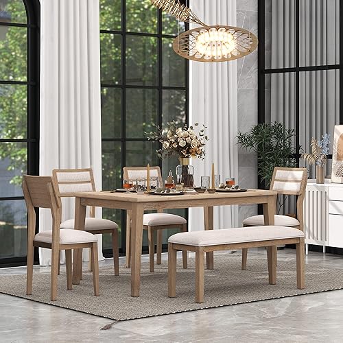 Quarte Juego de mesa de comedor de estilo clásico y tradicional, juego de muebles de cocina de madera de 6 piezas con mesa trapezoidal, 4 sillas