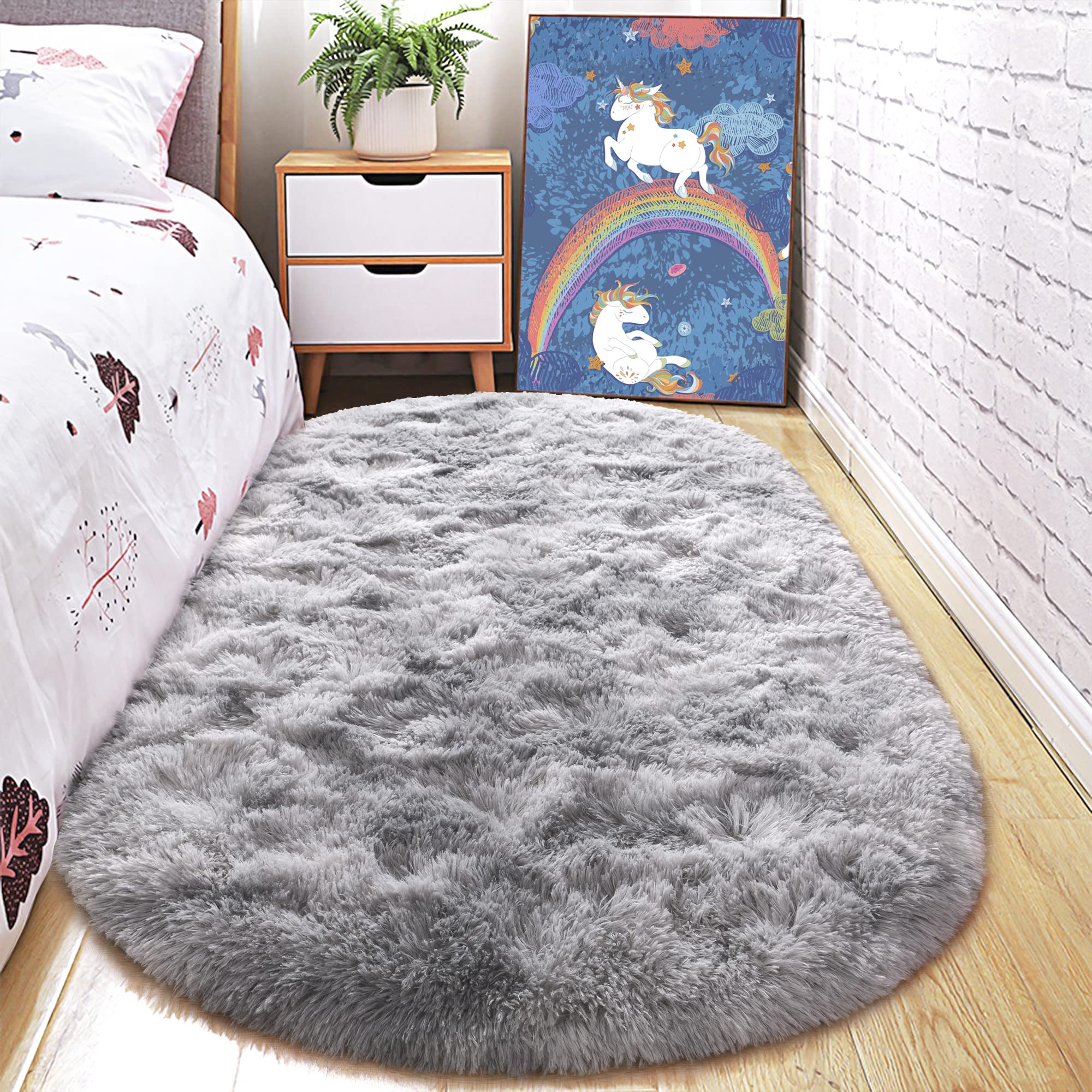 junovo Ultra Soft Washable Shaggy Rug - Non-Slip Oval Carpet for Nursery, Kids Bedroom & Home Decor (2.6x5.3ft Light Gray tie-dye) | Plush Fluffy Floor Mat for Cozy Living Spaces.OEKO-TEX STANDARD 100