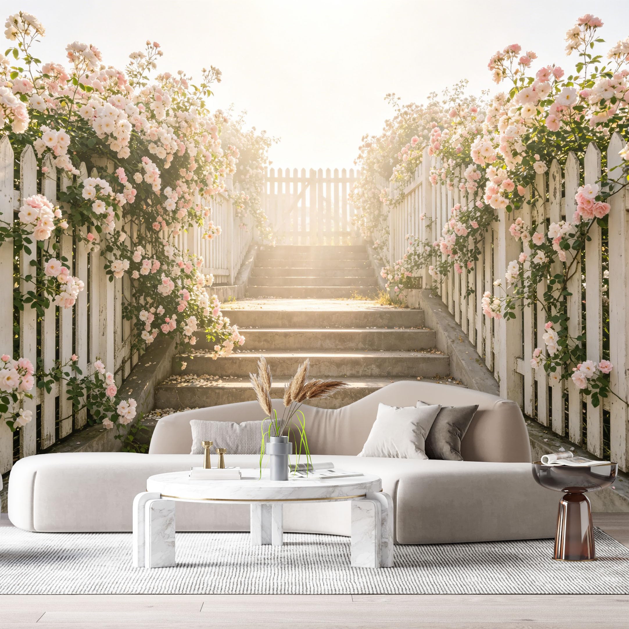 Custom Size Wall Murals Farmhouse White Picket Fence Pink Rose Flowers Staircase Botanical SelfAdhesive Wall Fabric Removable Large Wallpaper for Photo Living Room