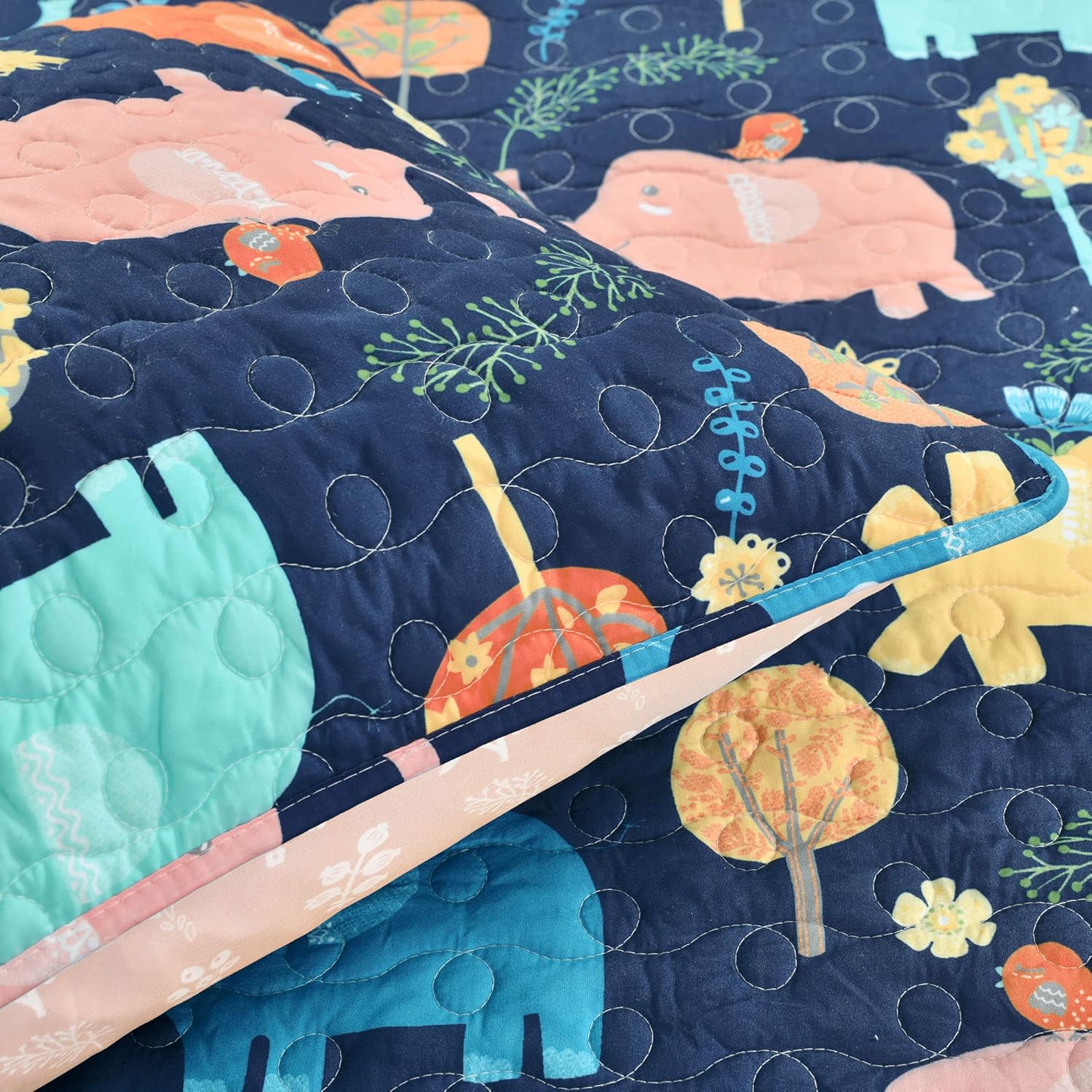 Lush Decor Hygge Elephant Reversible Quilt Twin Size 3 Piece Set Navy & Multi - Toddler Bedding Set Twin Quilt - Kids Bedroom Decor