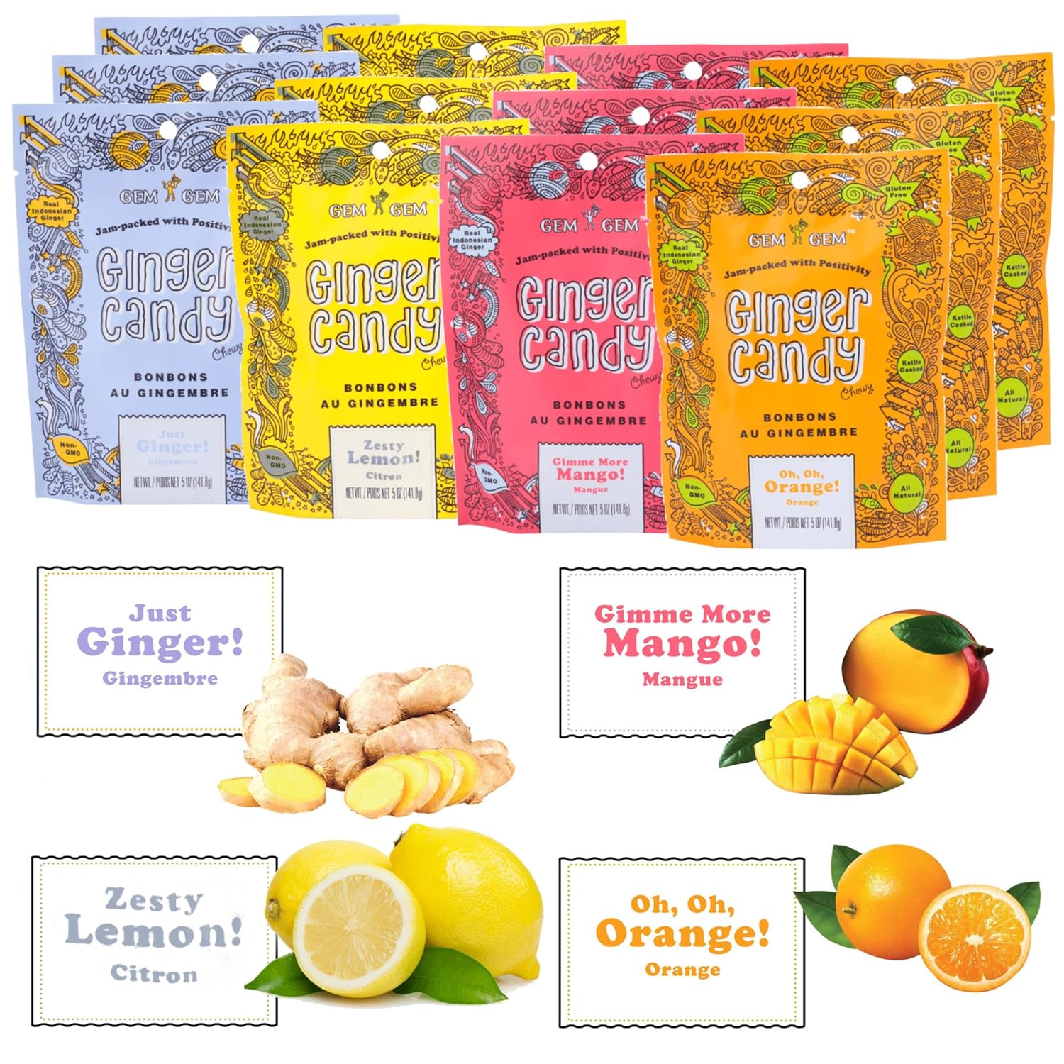 Gem Gem Ginger Candy Chewy Ginger Chews (Assorted Mix, 5