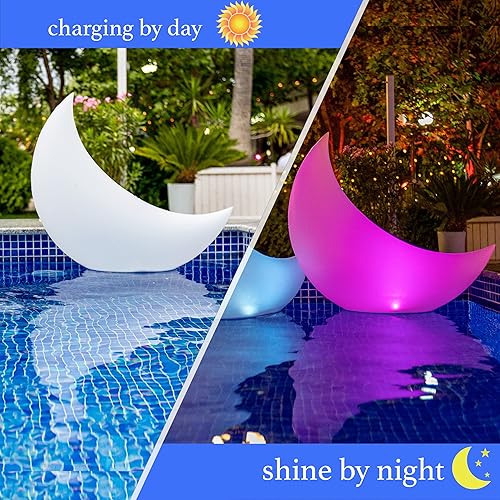 Miniatura 2 de TIALLY Luz flotante para piscina alimentada por energía solar, luz de luna creciente de 24 pulgadas, luces solares inflables flotantes para piscina,