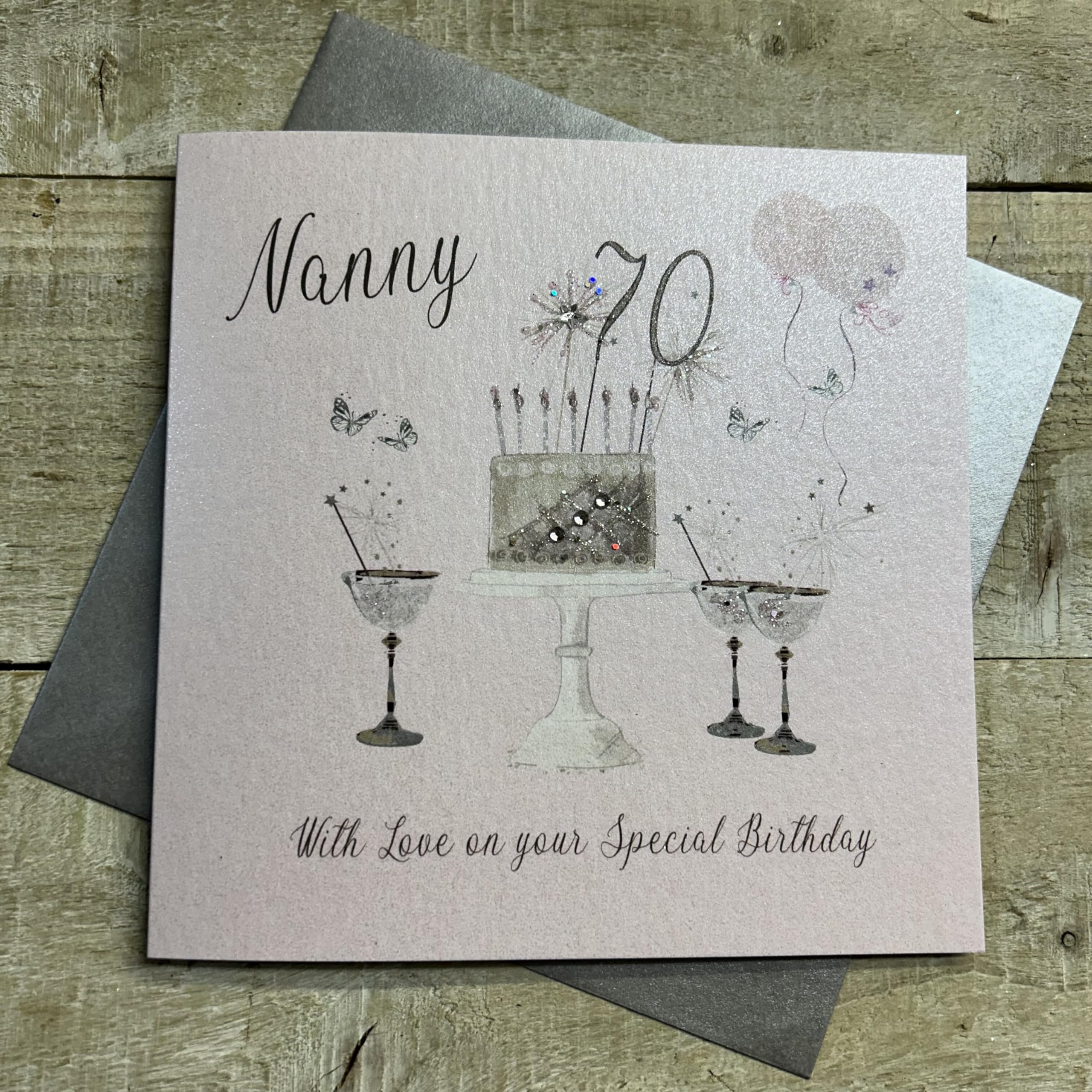 WHITE COTTON CARDS Happy 70th Birthday Card Nanny Champagne Glasses Pink & Gold Sparkly Cake SS42-NNY70