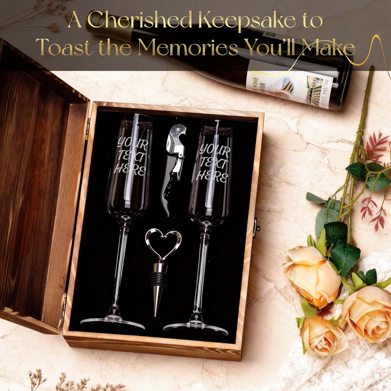 Set of 2 Personalized Couples Wedding Champagne Flute Glasses 8 oz – Custom Engraved Your Text, Bride & Groom Toasting Flutes with Wooden Keepsake Box, Bottle Stopper & Corkscrew Opener