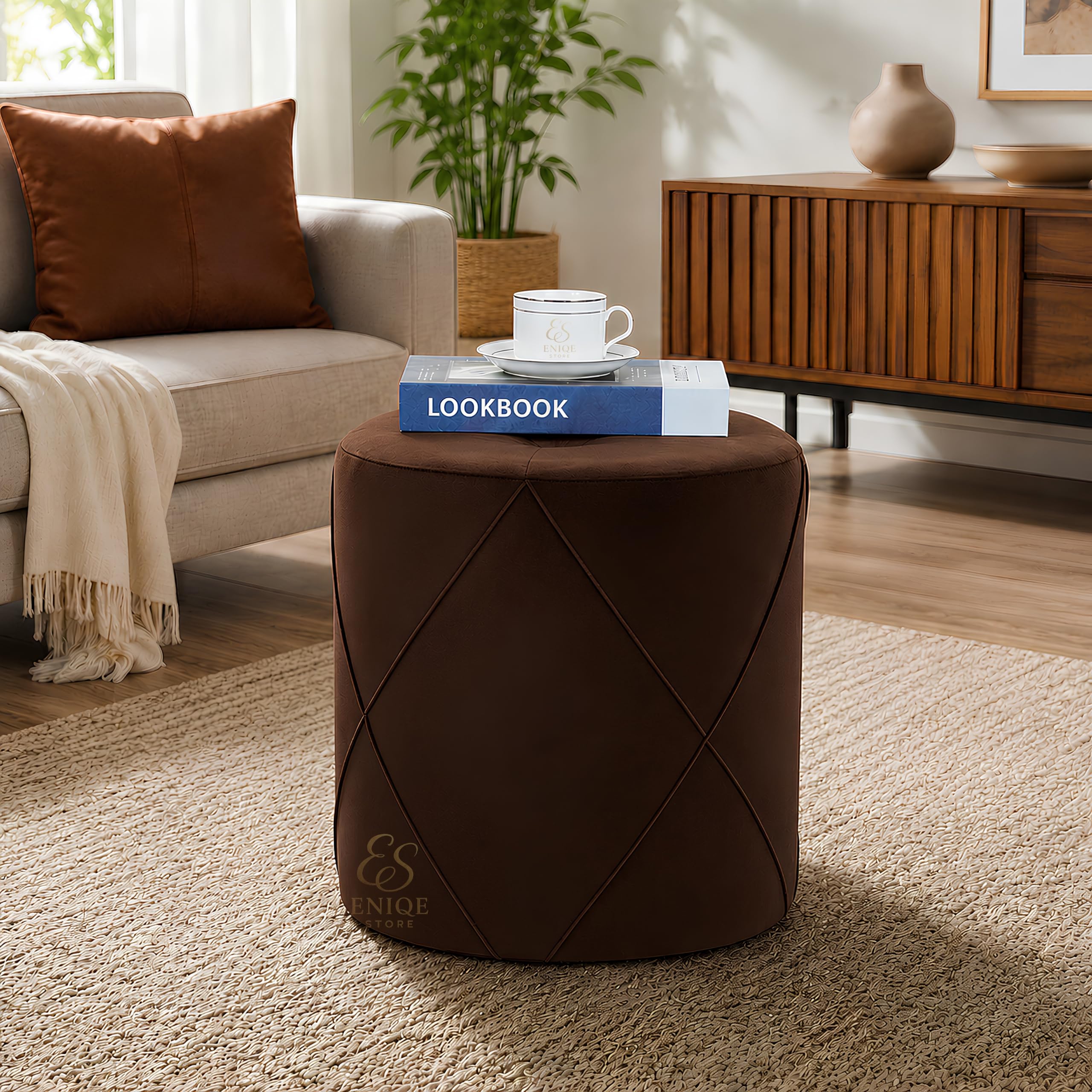 Round Ottoman Stool for Living Room & Bedroom | Upholstered Velvet Fabric Foot Rest Stool | Modern Makeup Stool | Extra Seating for Home, Office & Vanity | Brown-image-20