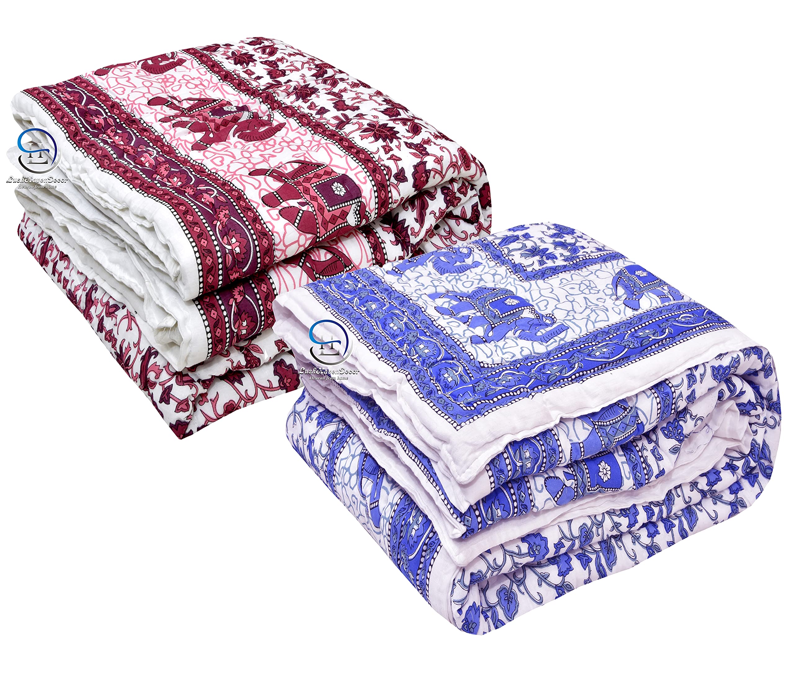 LushHavenDecor210 TC Single Bed Jaipuri Razai Organic Pure Cotton Jaipuri rajai Ac Quilt Soft Light Weight Rajasthani Traditional Cotton Comforter 55 x 85 inch ( Blue and Pink , Pack of 2)