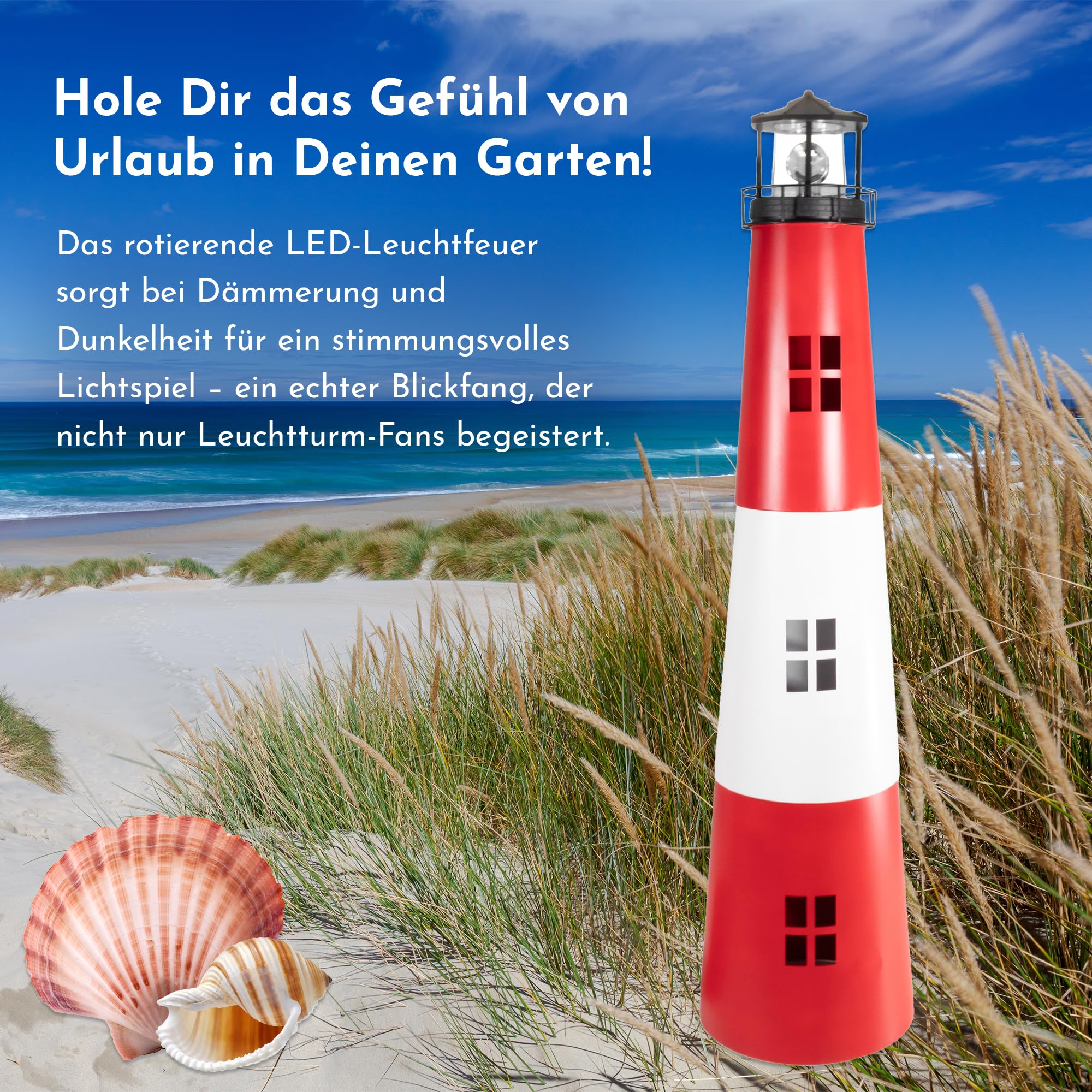 LEMODO Gartendeko Leuchtturm, Dekoleuchte für den Garten mit solarbetriebenem, rotierendem Leuchtfeuer, 120 cm hoch, aus Metall, Maritime Außendeko mit LED-Beleuchtung