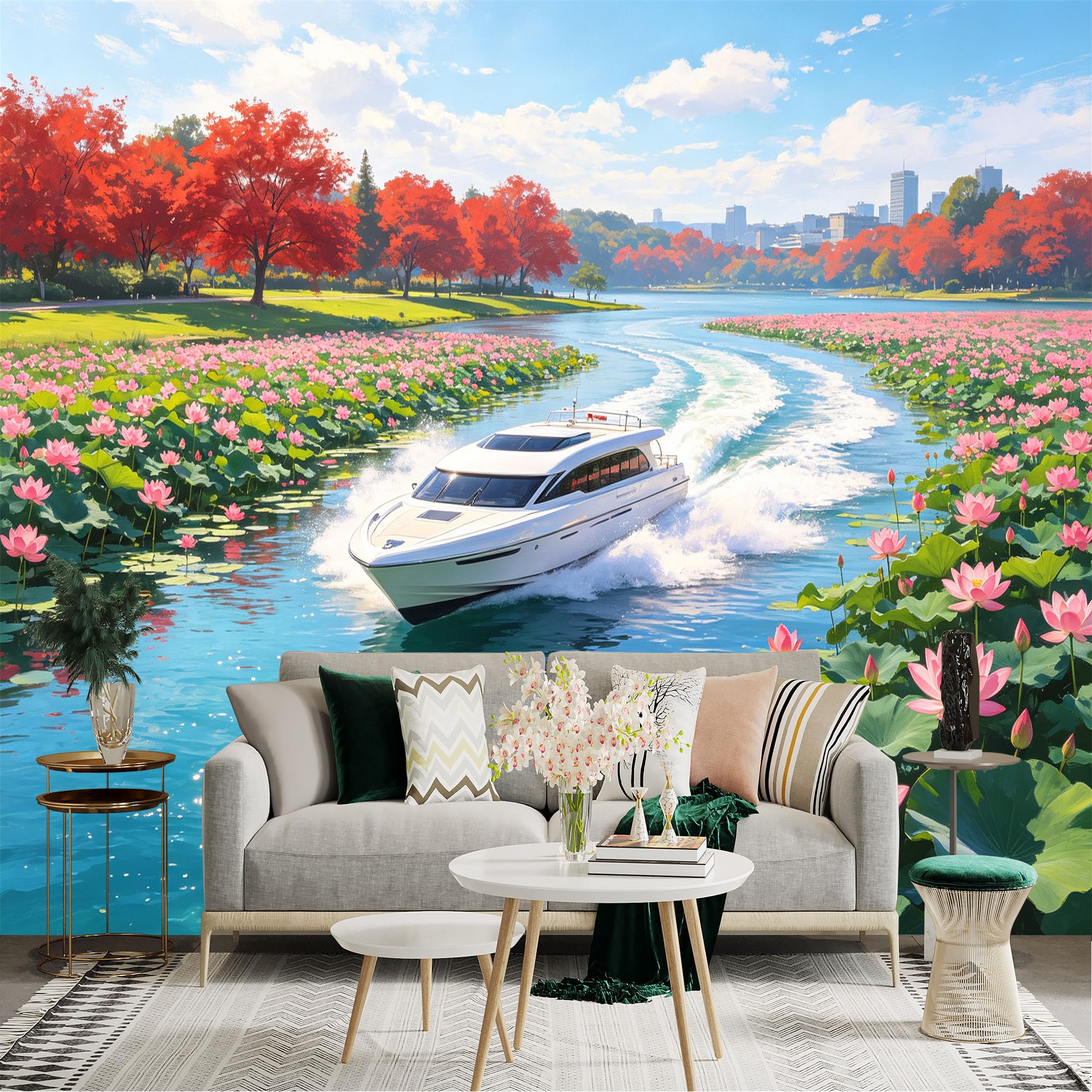 Custom Size Wall Sticker Mural， Modern Yacht Cruising on Lake， Vibrant Pink Lotus Flowers， Red Autumn Trees， Serene Landscape， for wall Decoration， peelandstick wall Decals.