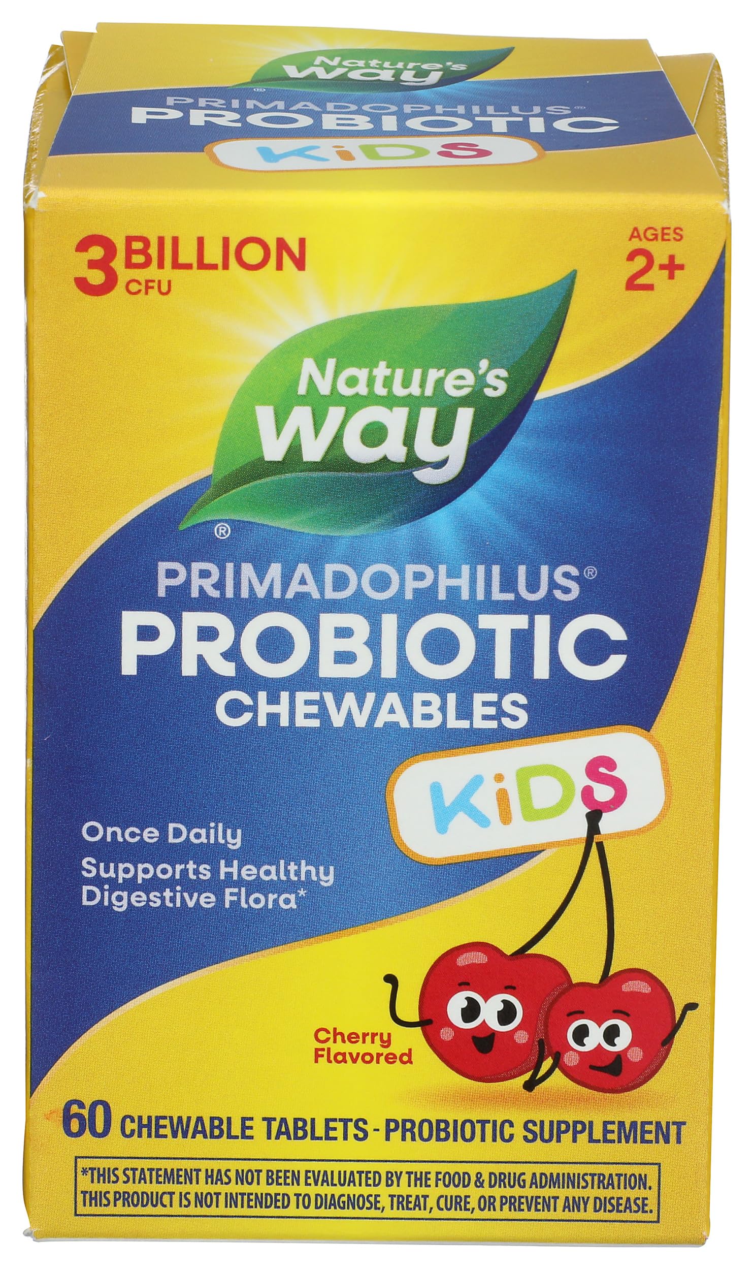 Nature's Way Primadophilus Probiotic Chewables for Kids, Supports Healthy Digestive Flora*, for Kids Ages 2+, 3 Billion CFU, 60 Cherry Flavored Chewables (Packaging May Vary) 1