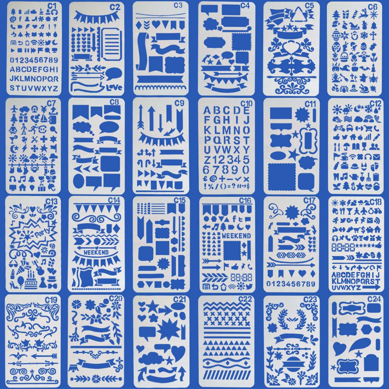 Vermogen Journal Stencil 24 Pieces, Over 1200 Patterns DIY Drawing Template Letter Stencil Painting Stencil Plastic Planner Stencils for Bullet Journal